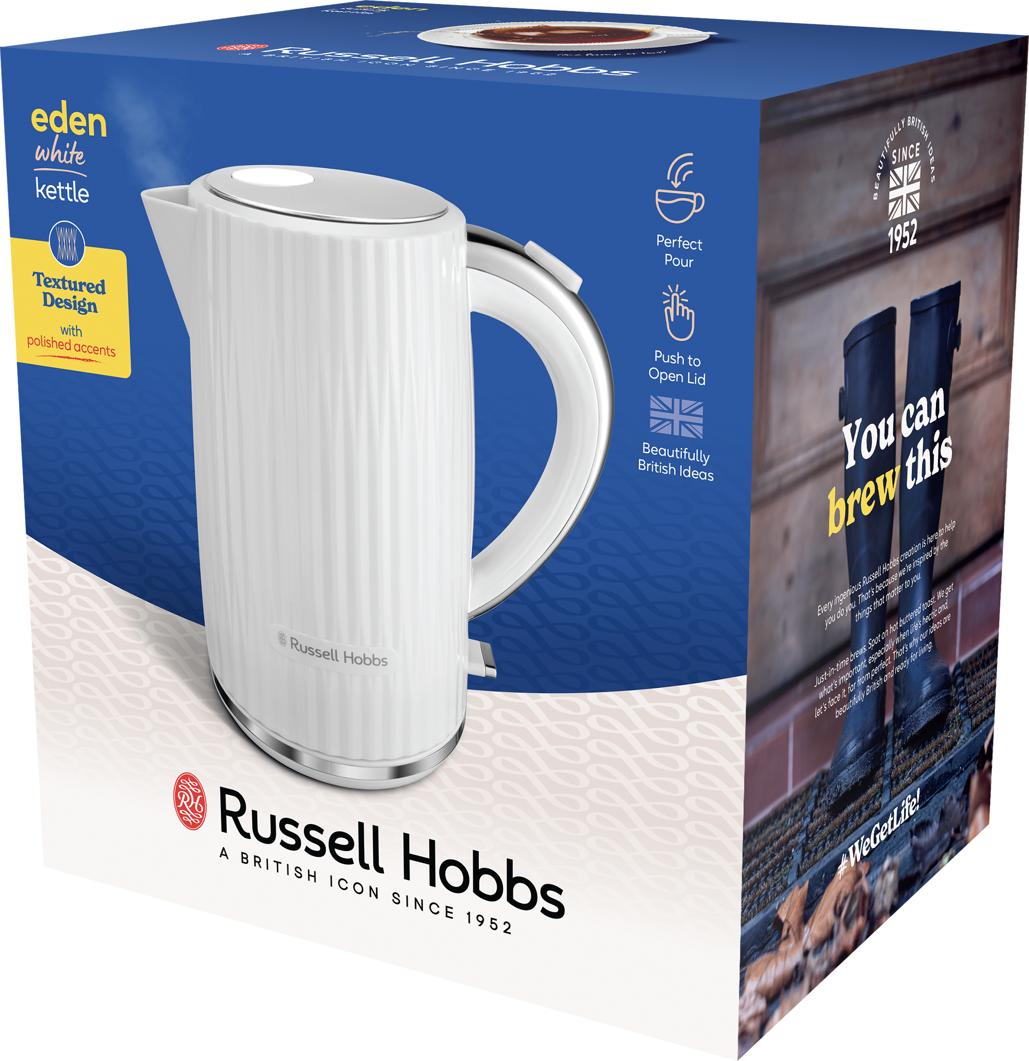 Fehér Russell Hobbs elektromos vízforraló dobozban. A dobozon szöveg és grafika látható.