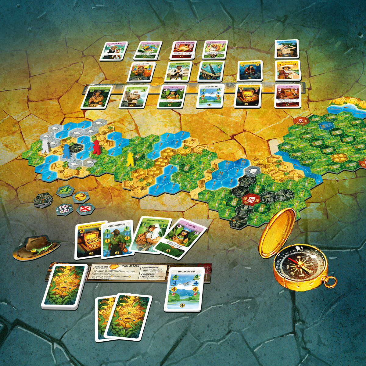 Konfiguracja gry planszowej z planszą, kartami i akcesoriami.