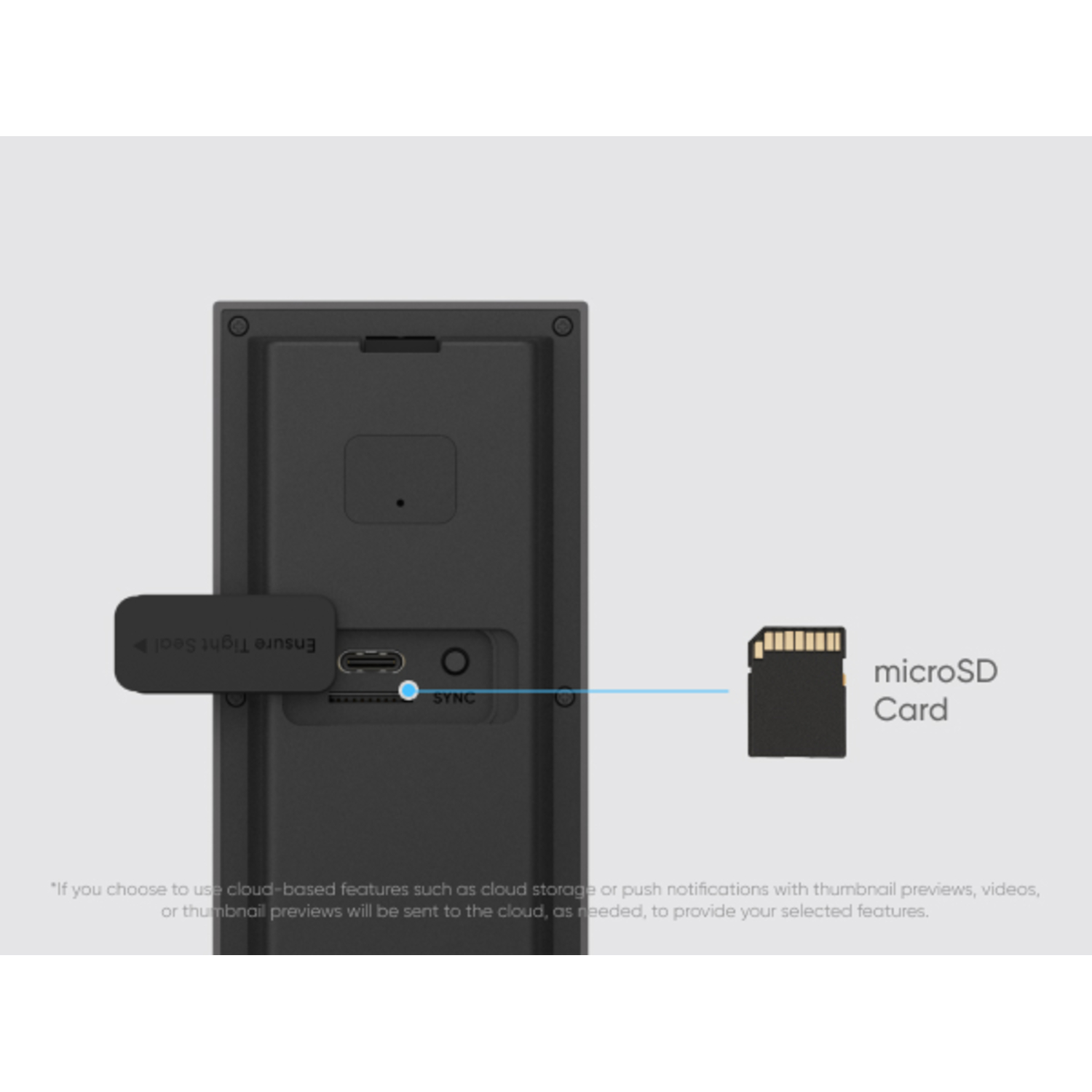 Une sonnette vidéo noire avec une carte microSD et un bouton de synchronisation.