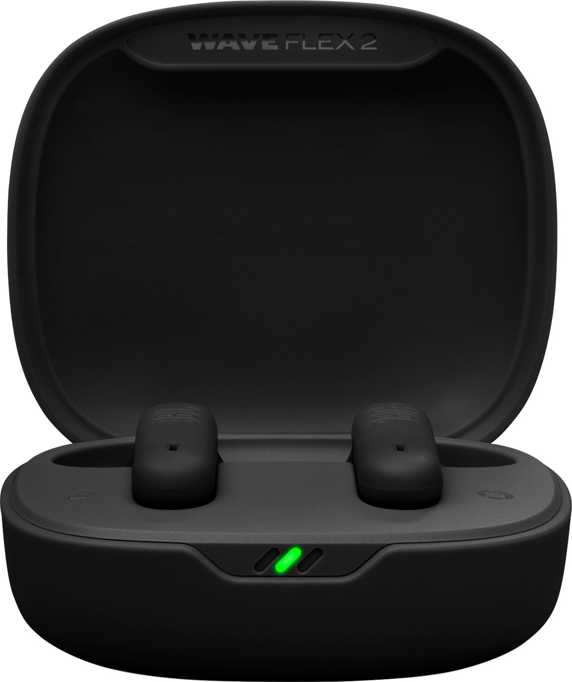 Auricolari neri JBL Wave Flex 2 nella loro custodia aperta. Luce verde visibile.
