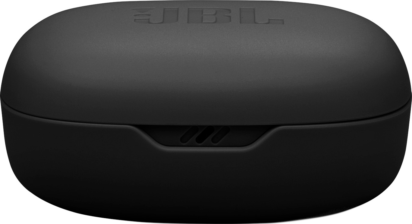 Custodia di ricarica per auricolari nera con logo JBL. La custodia è ovale e chiusa.
