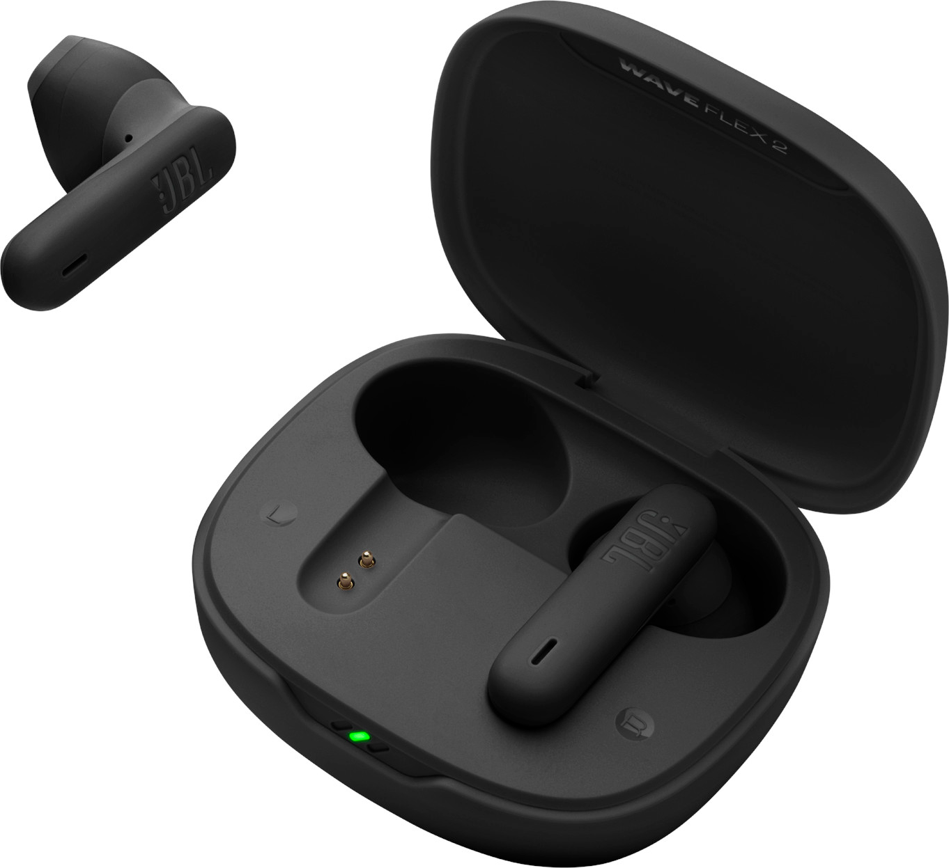 Auricolari JBL neri nella custodia di ricarica. Un auricolare è fuori.