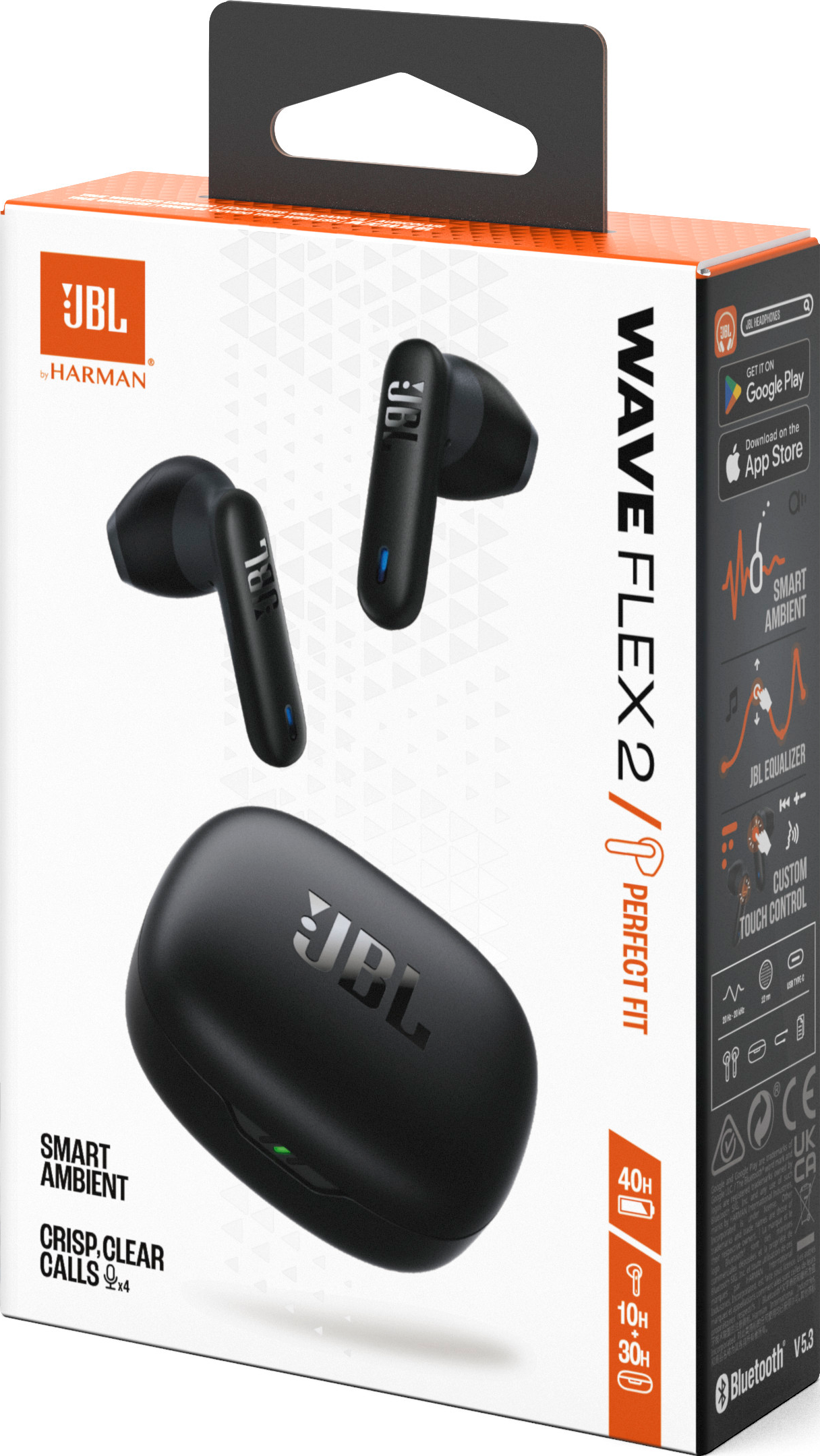 Una confezione di auricolari neri JBL Wave Flex 2, che mostra gli auricolari e la custodia.
