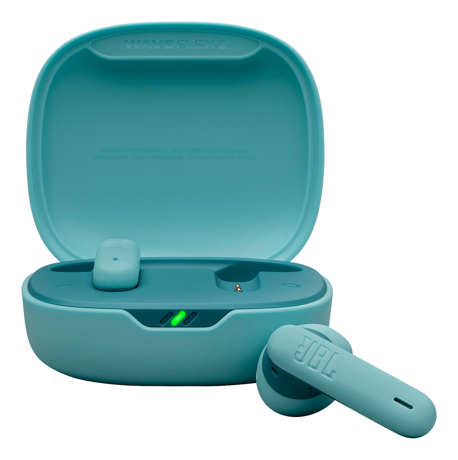 Auricolari verde acqua in una custodia verde acqua, un auricolare fuori dalla custodia. Sfondo nero.