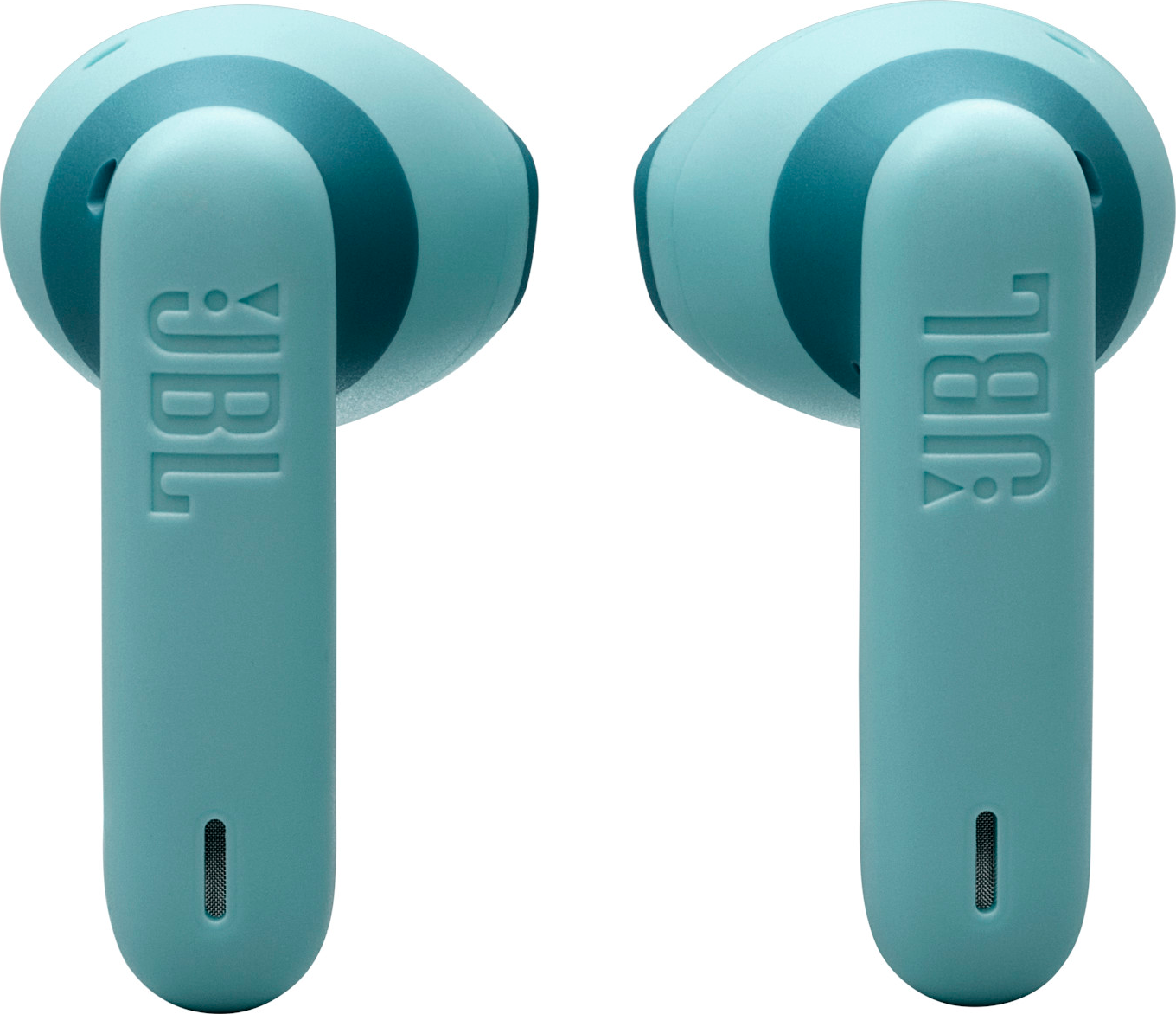 Due auricolari JBL blu. Sfondo bianco. Logo JBL visibile sugli steli di ogni auricolare.