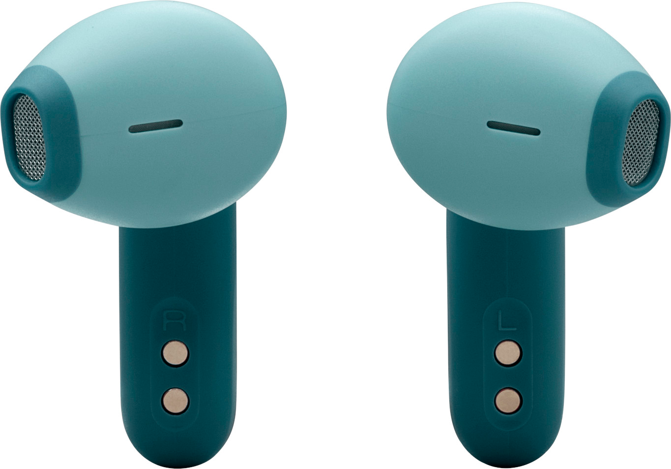 Due auricolari color teal. Ognuno ha un gambo blu scuro con bottoni.