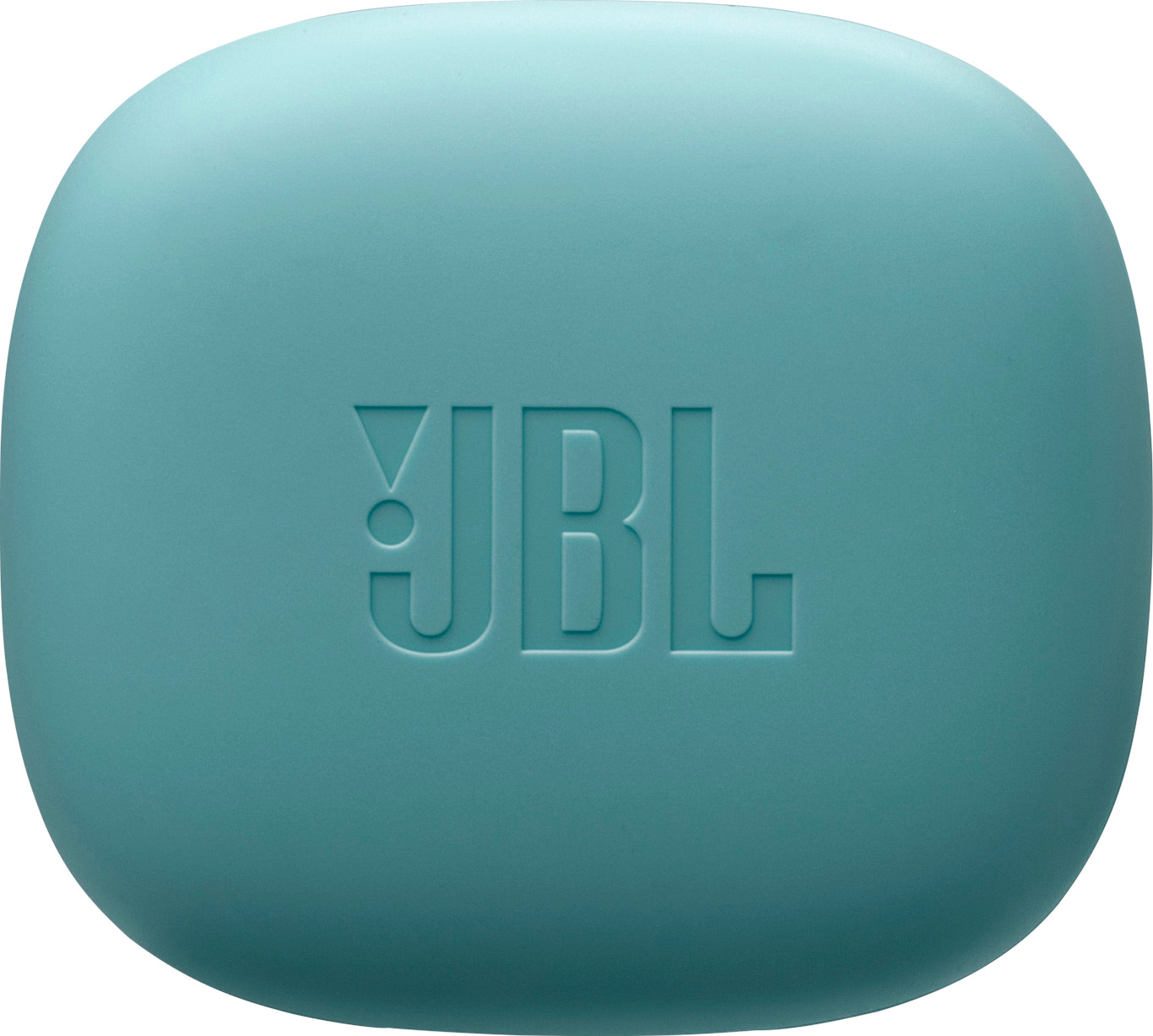 Una custodia quadrata arrotondata color turchese con il logo JBL al centro.
