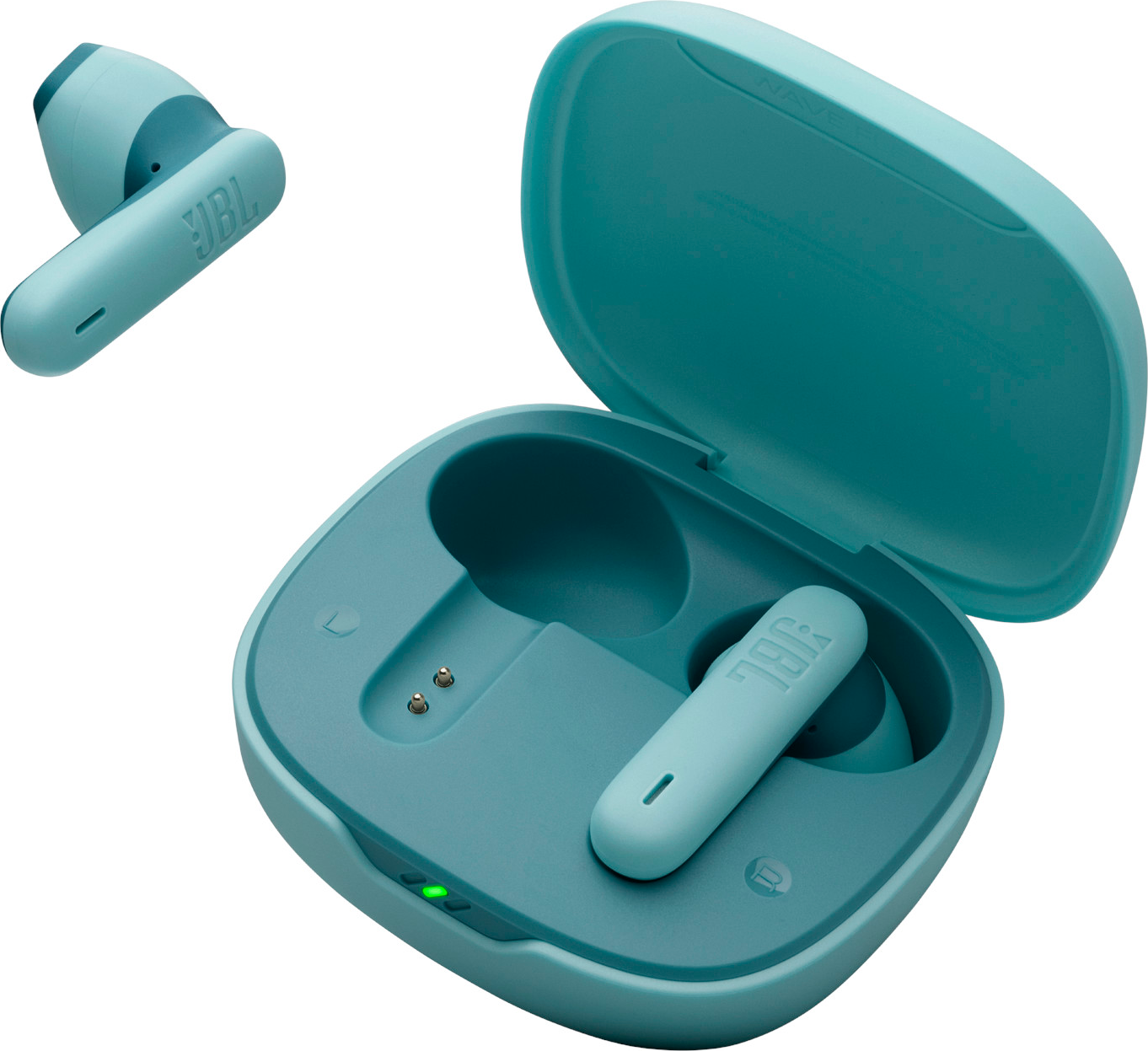 Auricolari JBL turchese nella loro custodia di ricarica turchese. Un auricolare è separato.
