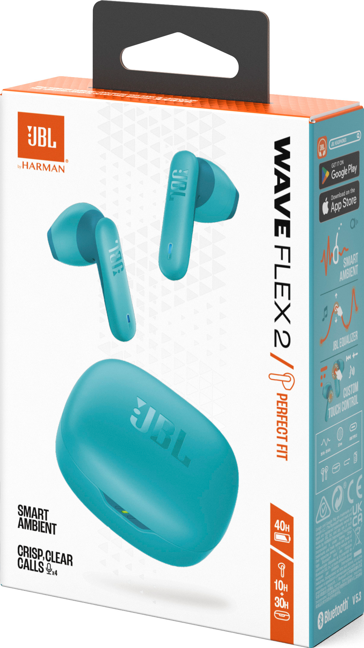Scatola con auricolari e custodia JBL blu. Testo sulla scatola. Sfondo bianco.