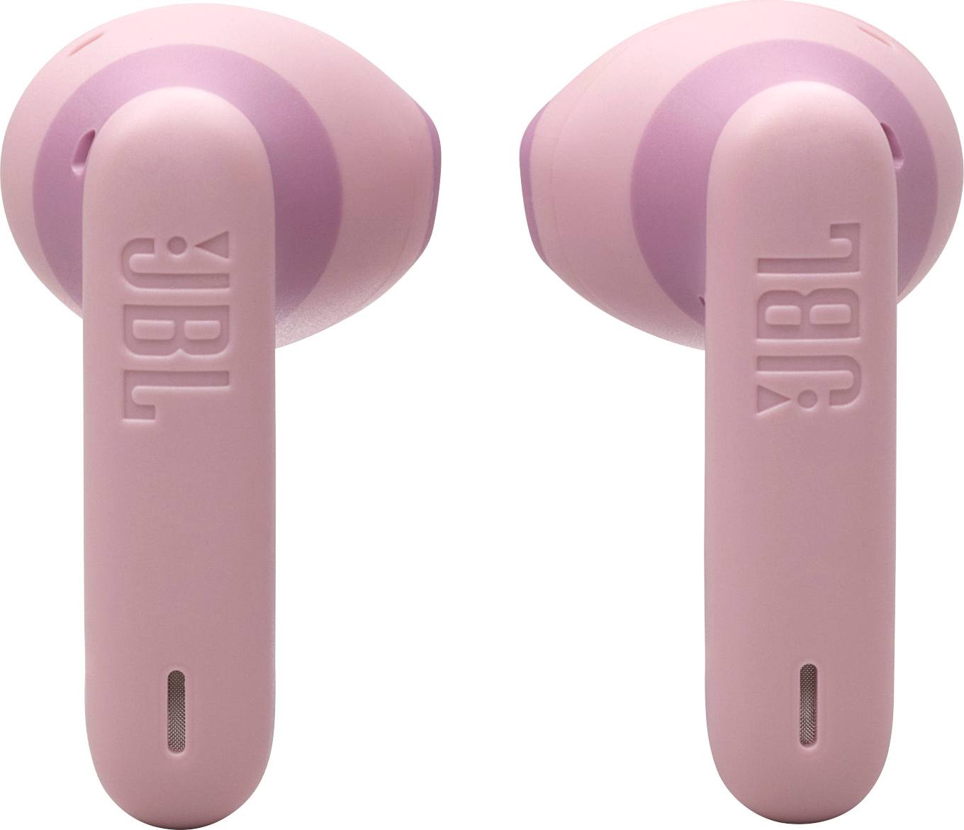 Zwei rosa JBL-Ohrhörer mit schwarzem JBL-Logo, Nahaufnahme.