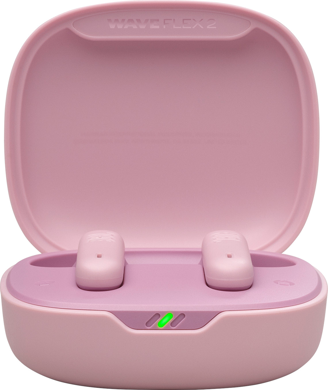 Pinke JBL Wave Flex 2 Ohrhörer in einem Ladecase mit grüner Ladeanzeige.