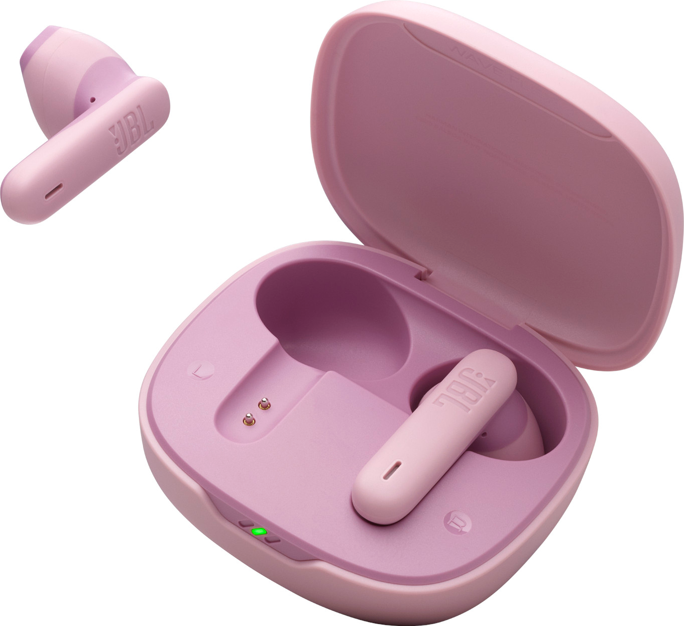 Pinke JBL-Ohrhörer in passendem Etui, einer außerhalb.