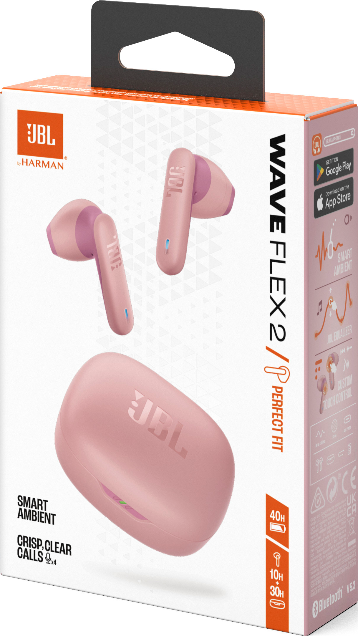 Pinke JBL Wave Flex 2 Ohrhörer in einer Box, die das Etui und die Ohrhörer zeigt.