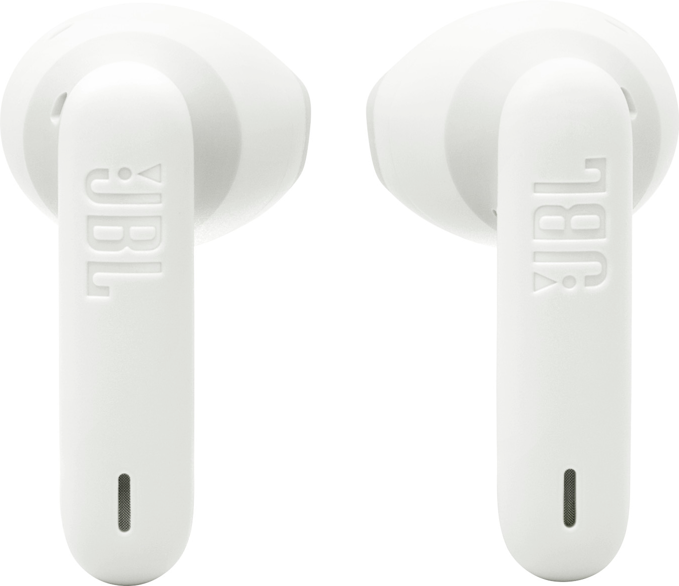 Zwei weiße JBL-Ohrhörer. Der rechte hat das JBL-Logo.