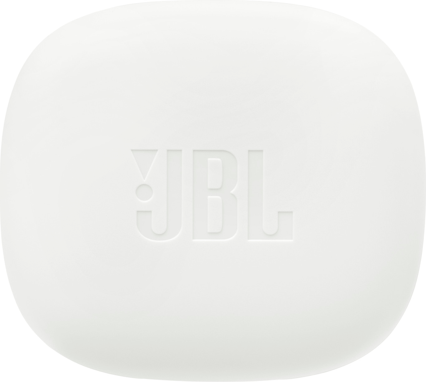 Ein weißes JBL-Ladecase mit Logo. Es hat eine abgerundete, quadratische Form.