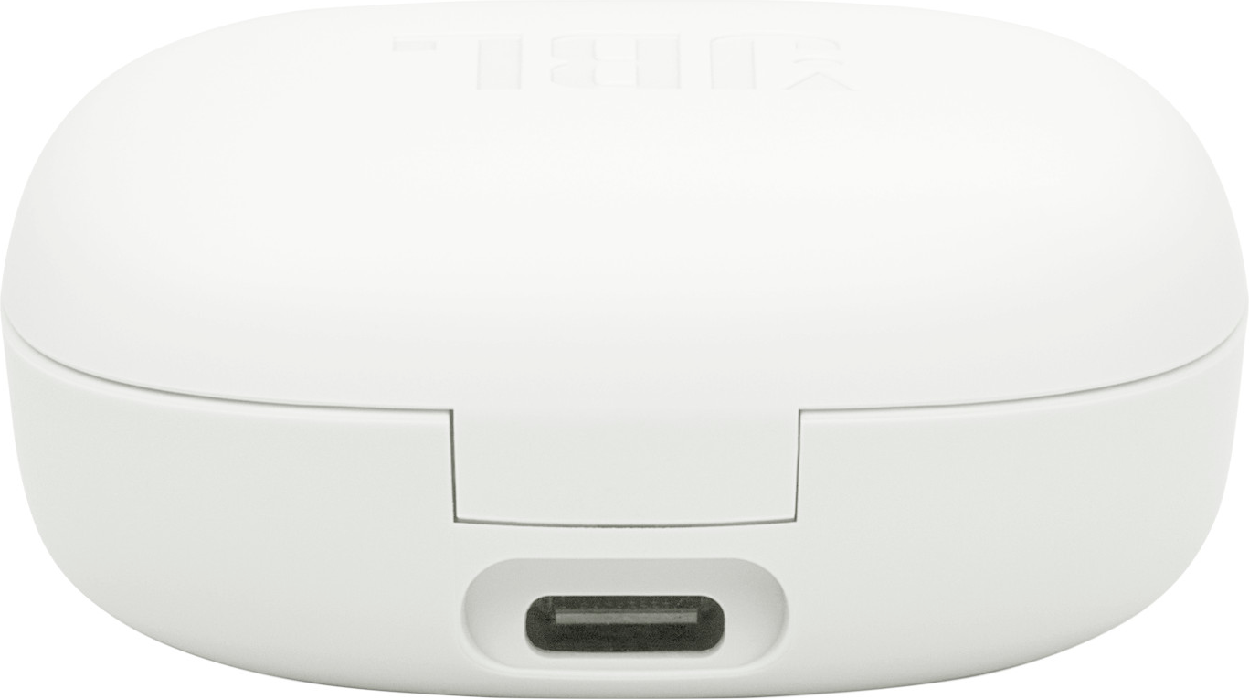Weißes Ohrhörer-Ladecase, ovale Form. USB-C-Anschluss.