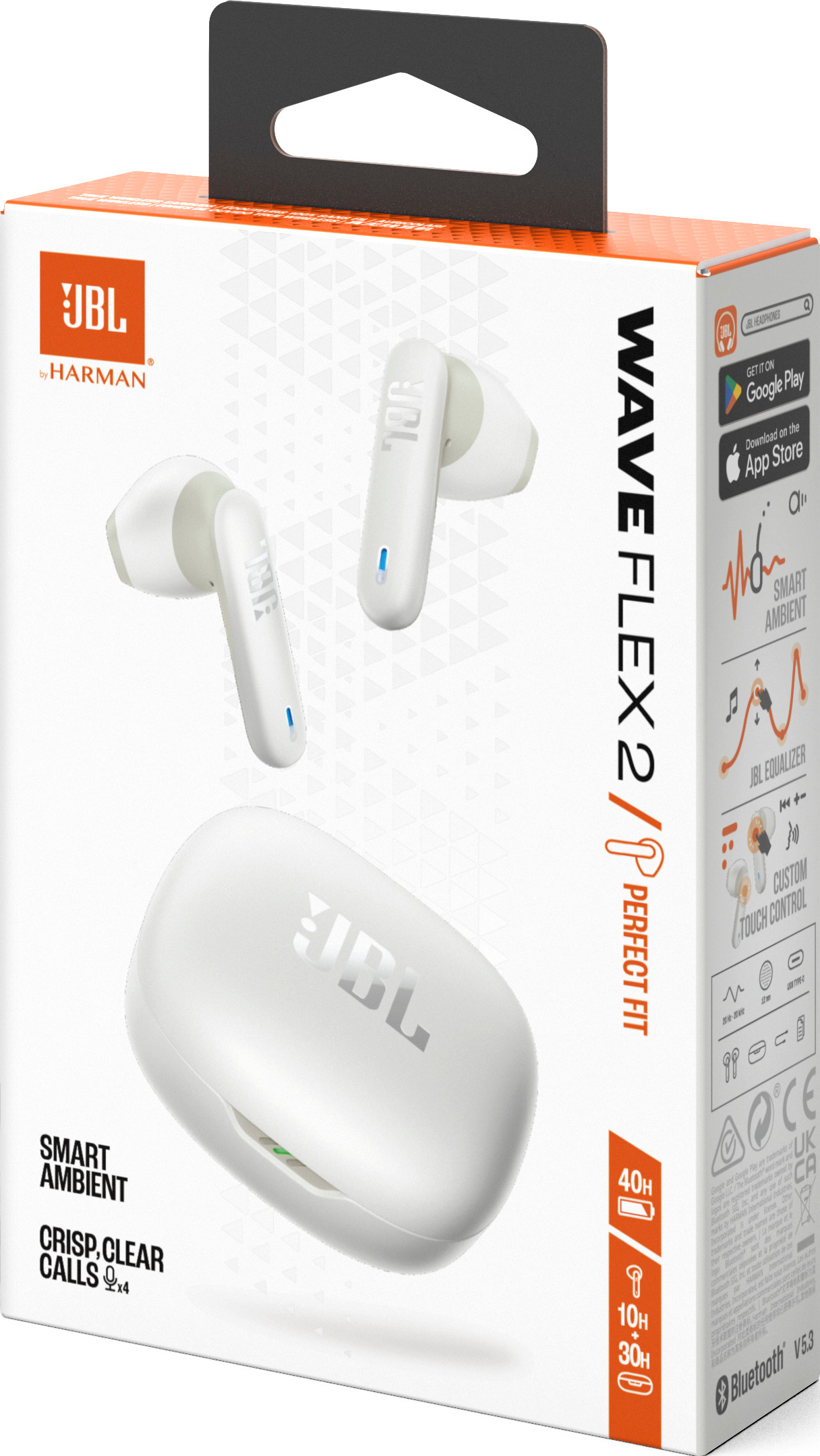 Weiße JBL Wave Flex 2 Ohrhörer in einer weißen Schachtel mit Werbetext.