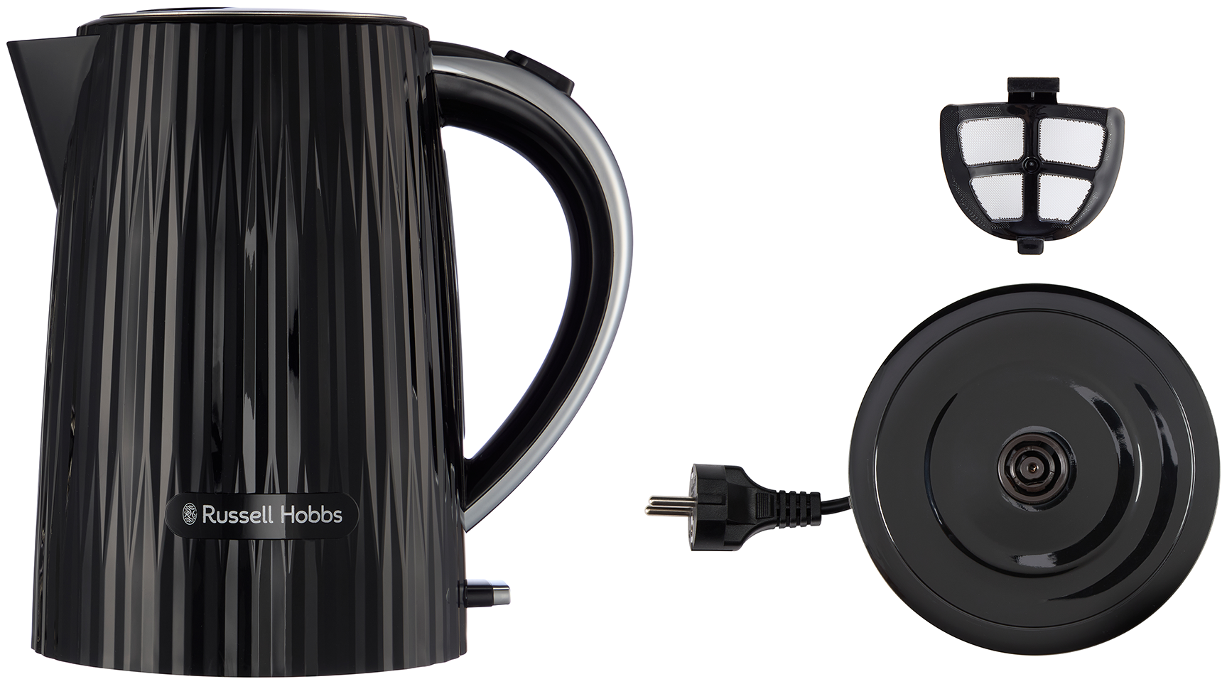 Fekete Russell Hobbs vízforraló texturált dizájnnal. Tartalmazza az alapot, szűrőt és a tápkábelt.