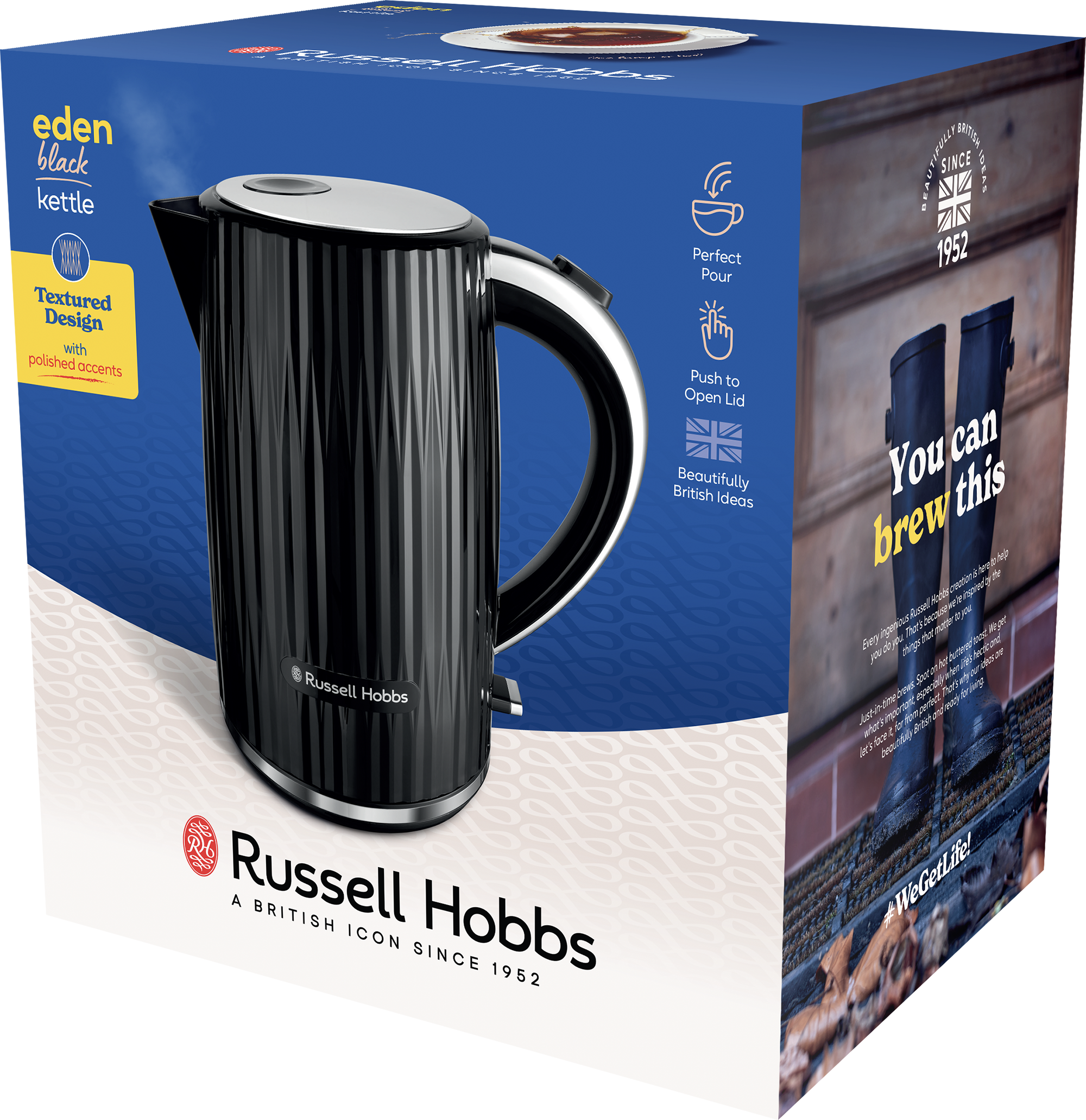 Fekete Russell Hobbs vízforraló texturált dizájnnal. A doboz brit témájú.