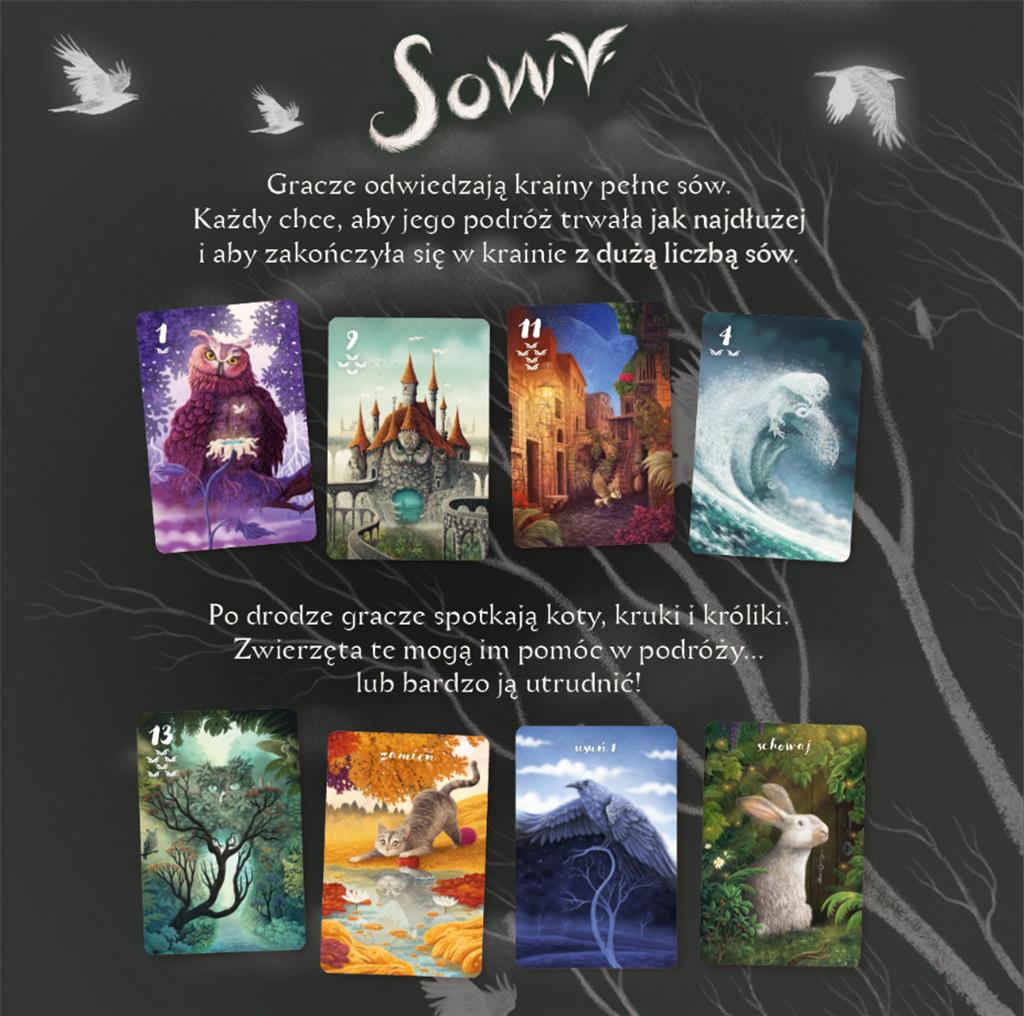 Plansza do gry z kartami i ilustracjami sów, kotów, kruków i królików. Tło jest ciemne.