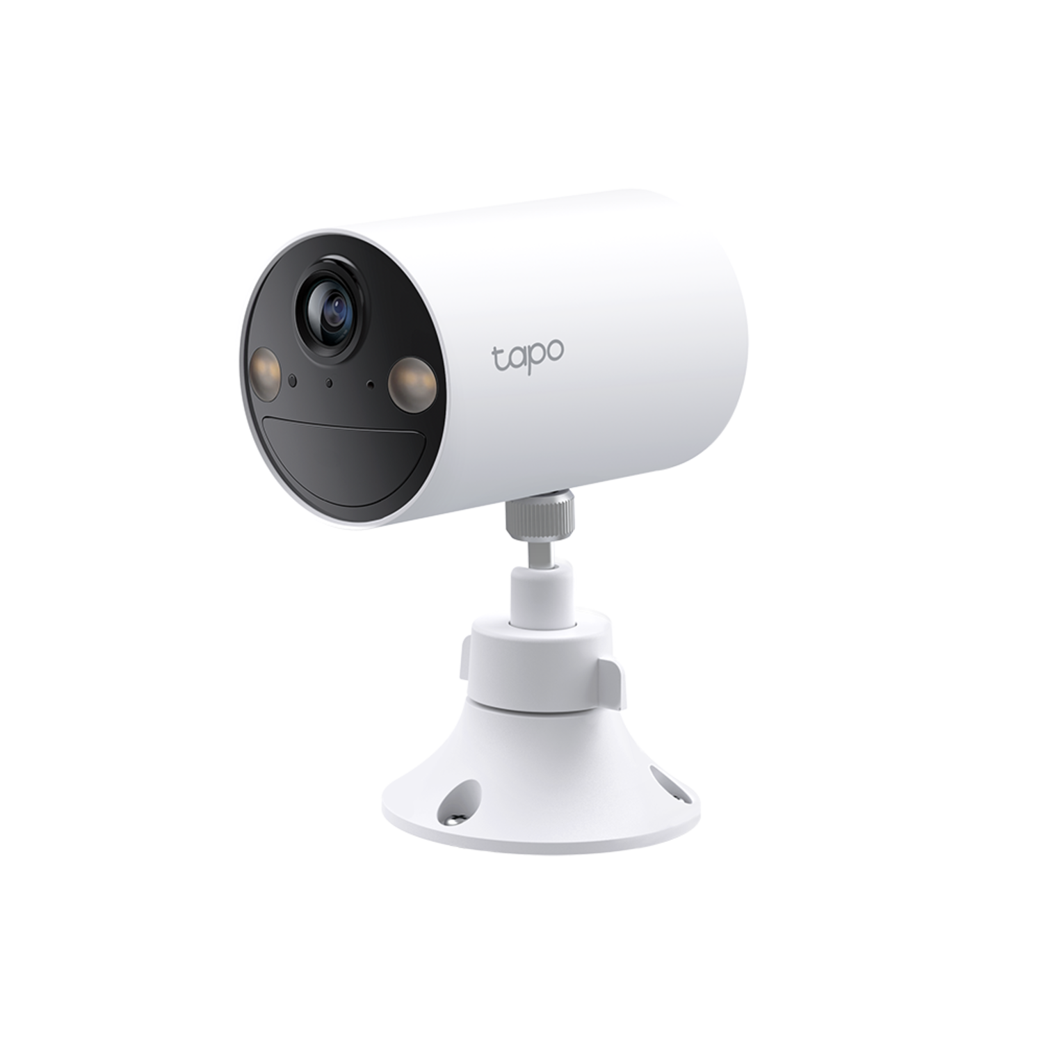 White Tapo security camera, cylindrical shape, mounted on a white stand, black face with camera lens.