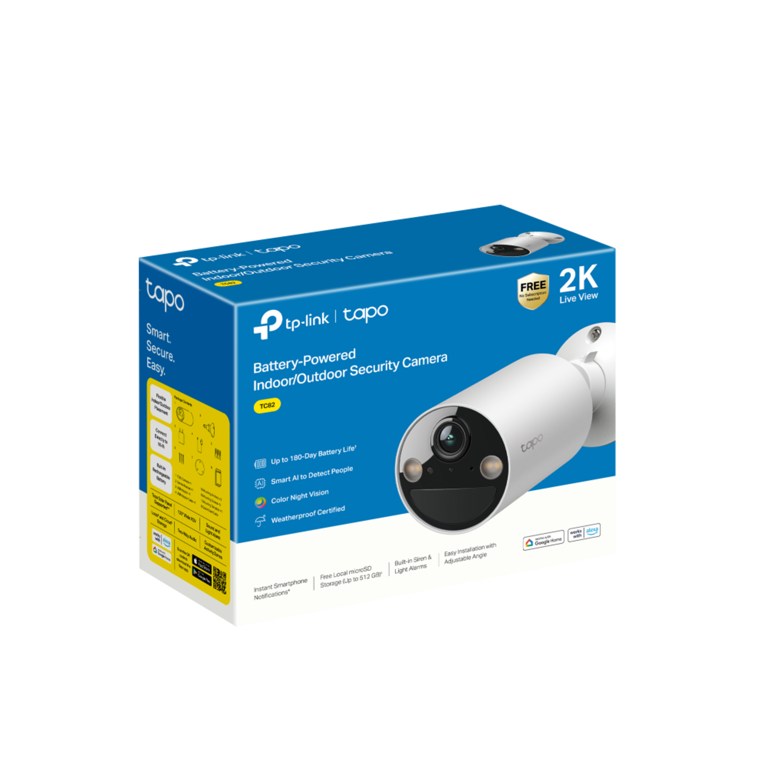 Box for a TP-Link Tapo security camera. It's a white camera with a black lens on the box.