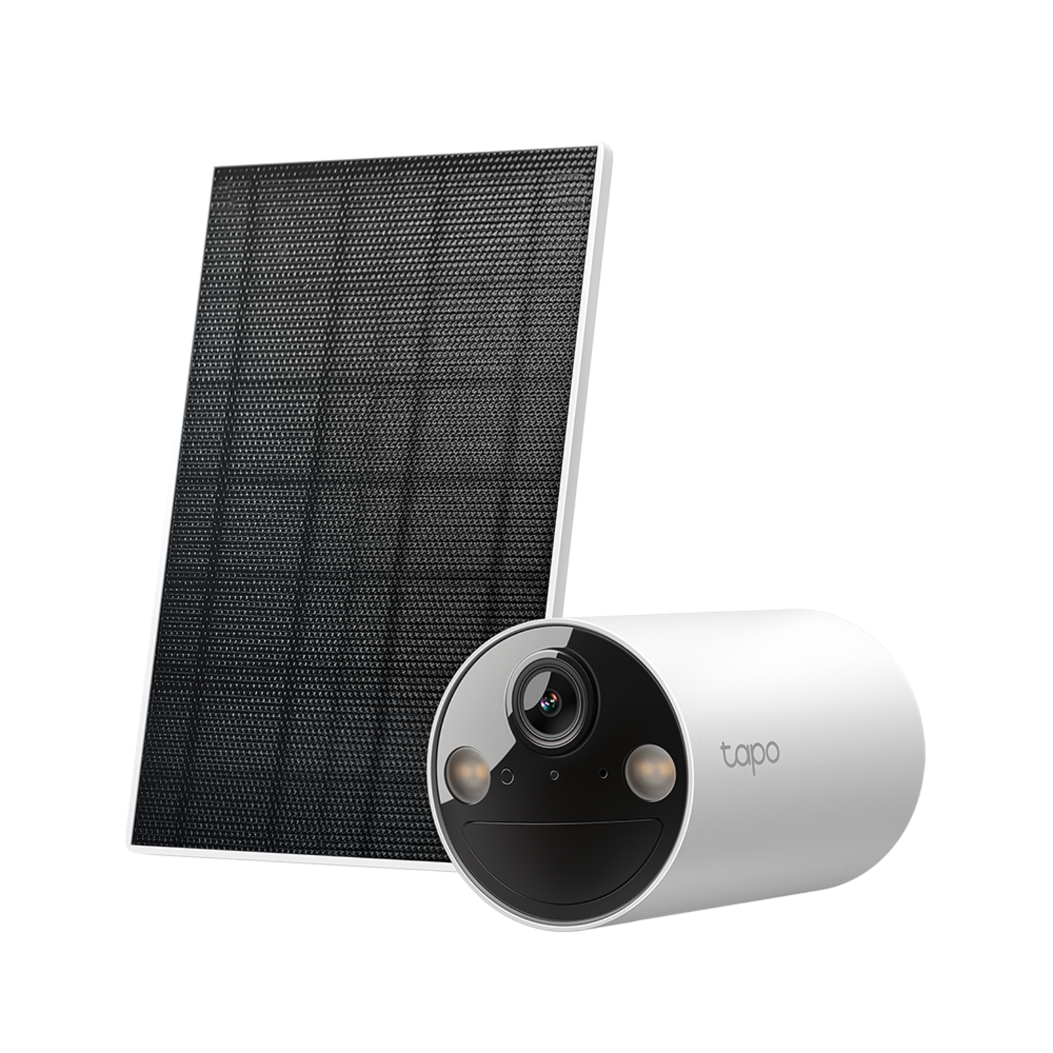 A white camera with a black solar panel. It's an outdoor security camera.