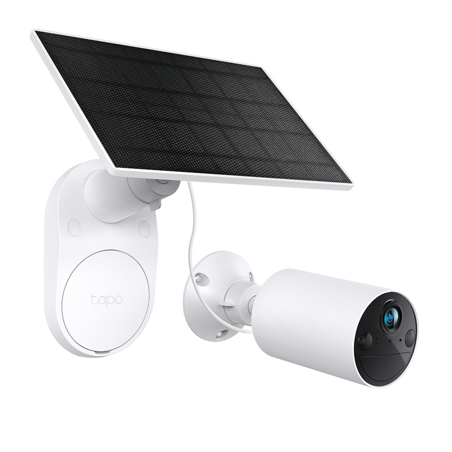 White security camera with solar panel. Black grid on panel. White background.