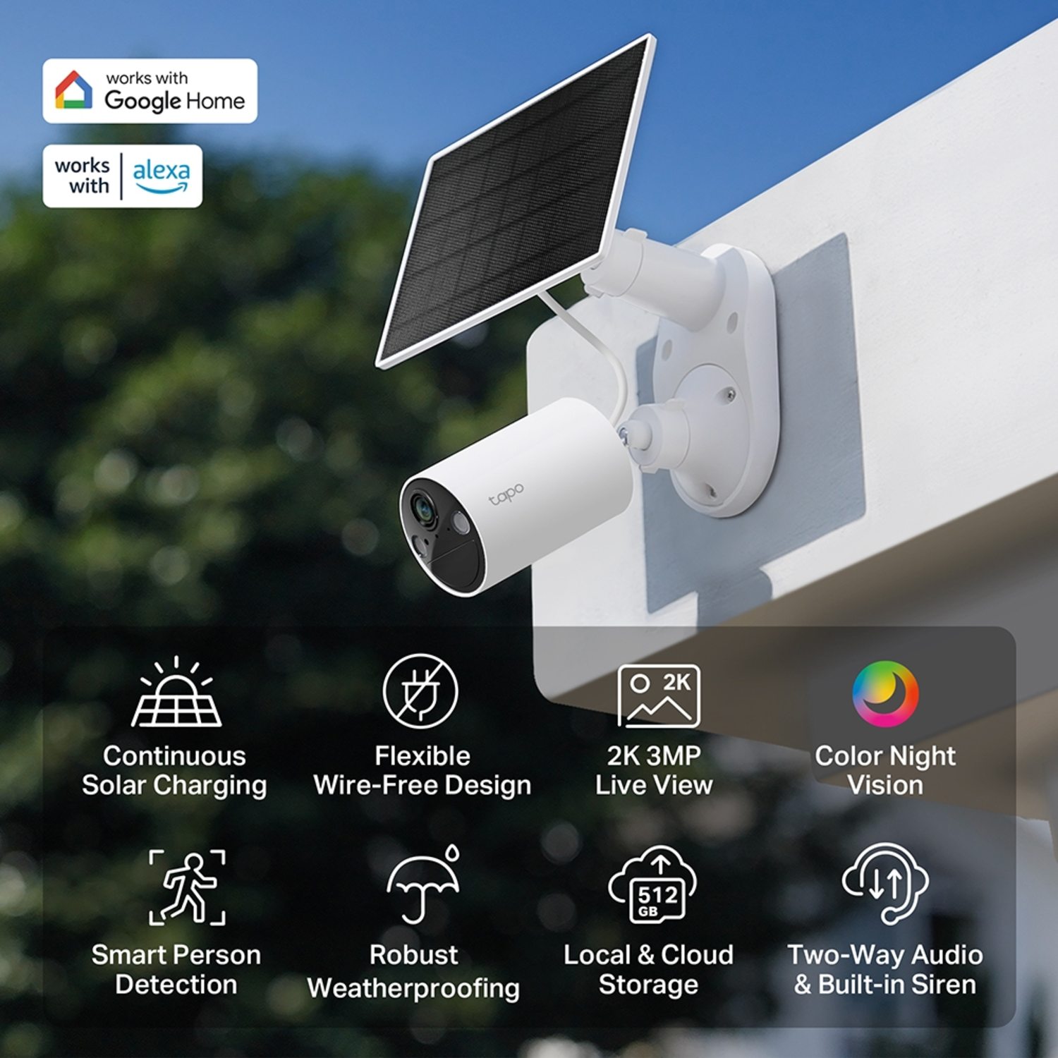 White security camera with a solar panel on a wall.
