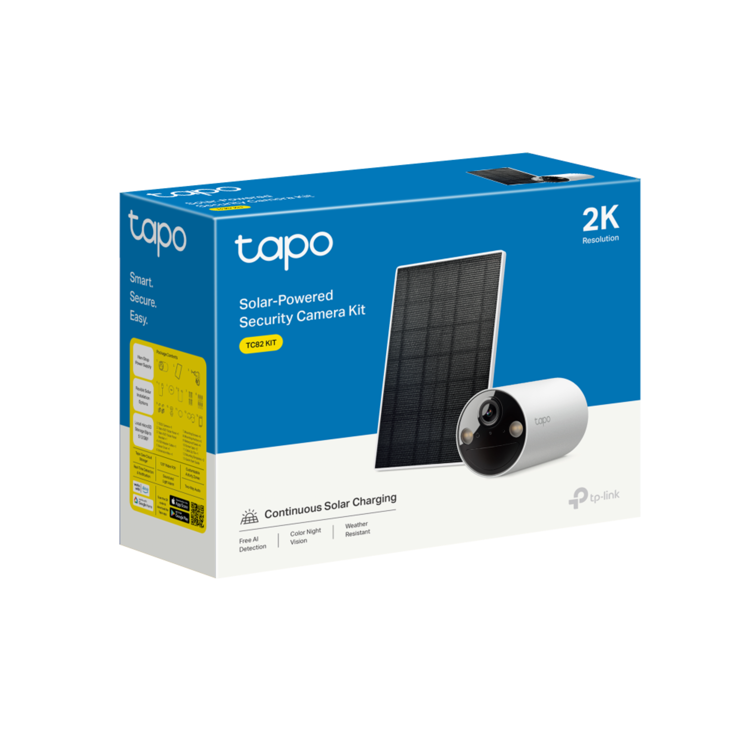 Boxed security camera kit with solar panel and camera, on black background.