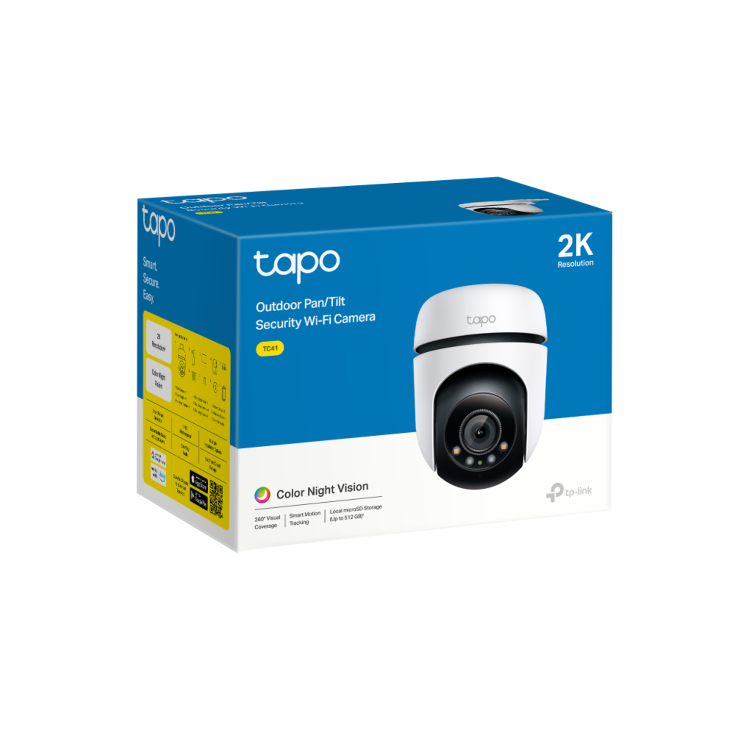 A blue and white box displays a security camera. It reads 'Tapo Outdoor Pan/Tilt Security Wi-Fi Camera'