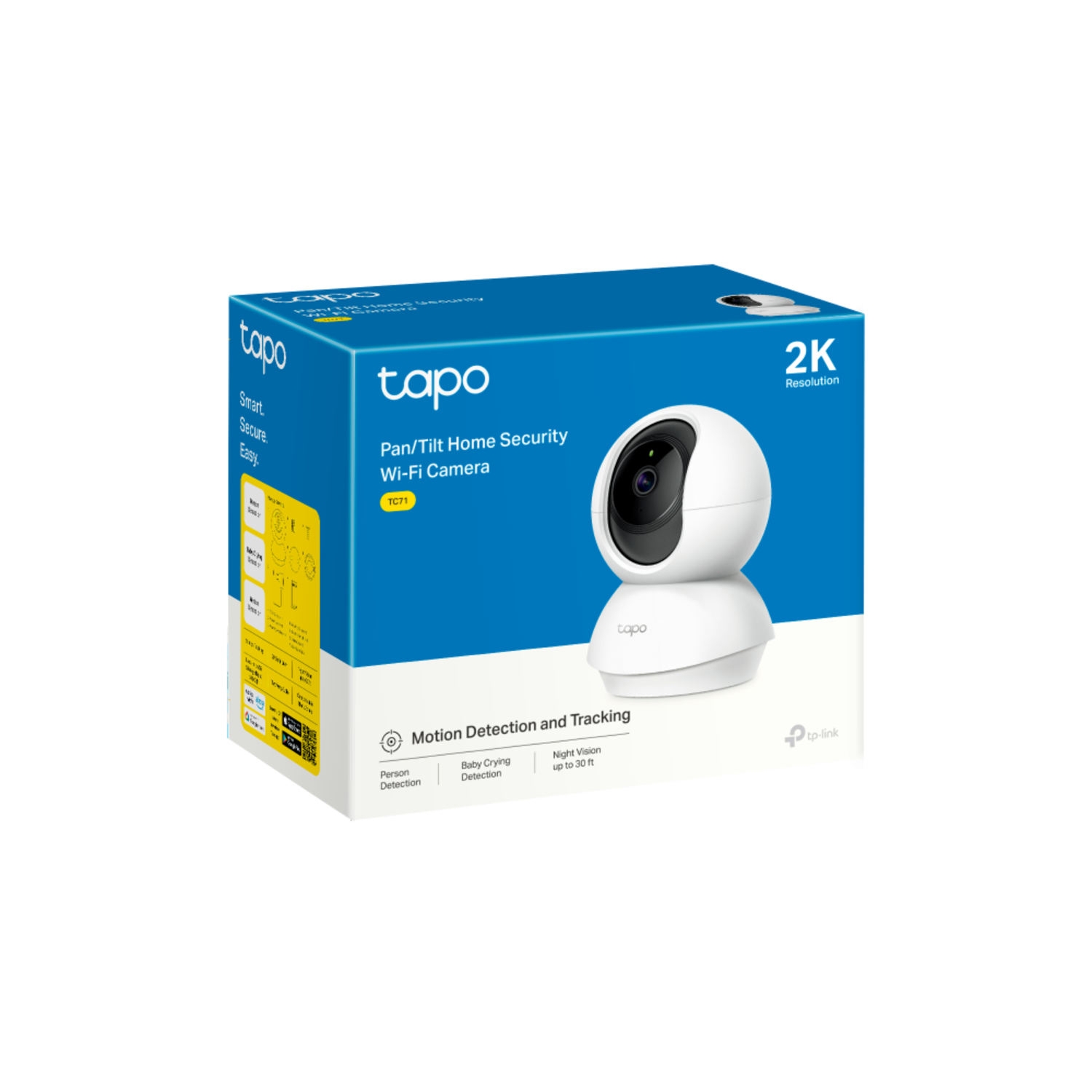 A white and blue Tapo home security camera box, with a camera. Text: Motion detection and tracking.