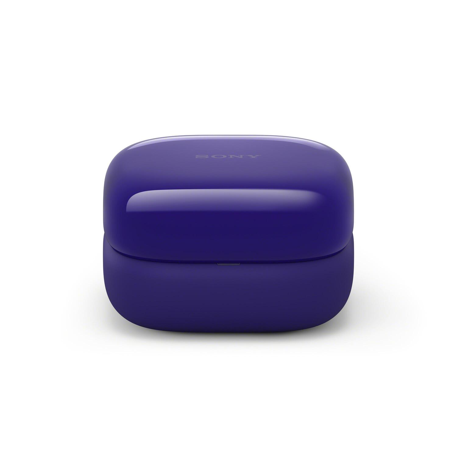 Étui de chargement bleu. Logo Sony sur le dessus. Forme carrée arrondie.