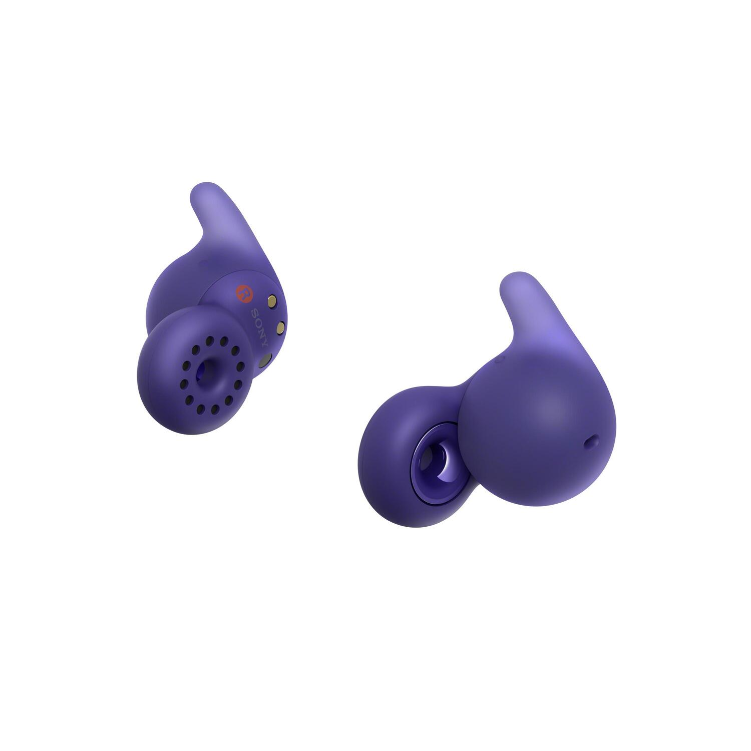 Two purple Sony earbuds, the left one close up, showing the Sony logo.