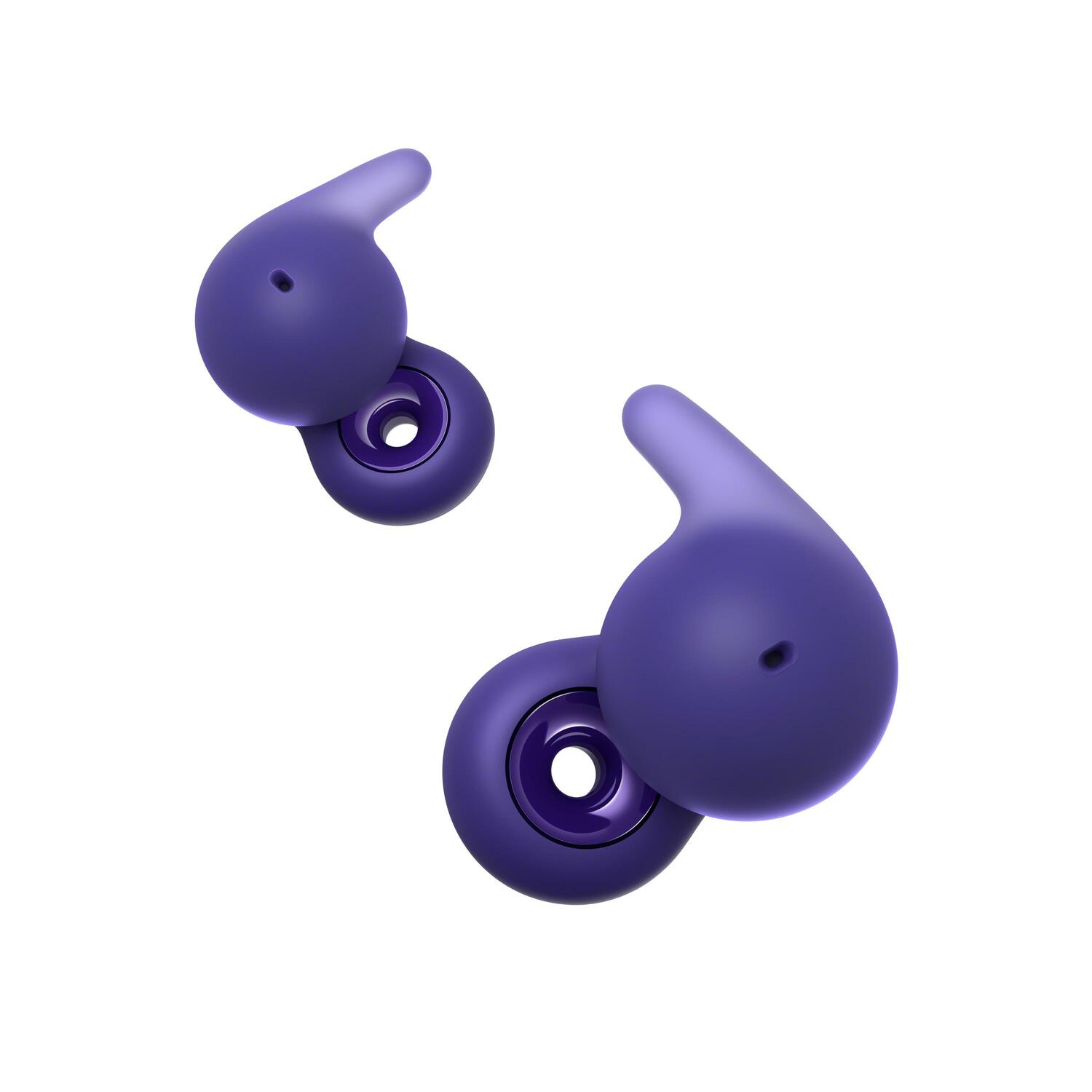 Deux écouteurs violets. Ils sont sur fond blanc, inclinés et ont des embouts arrondis.