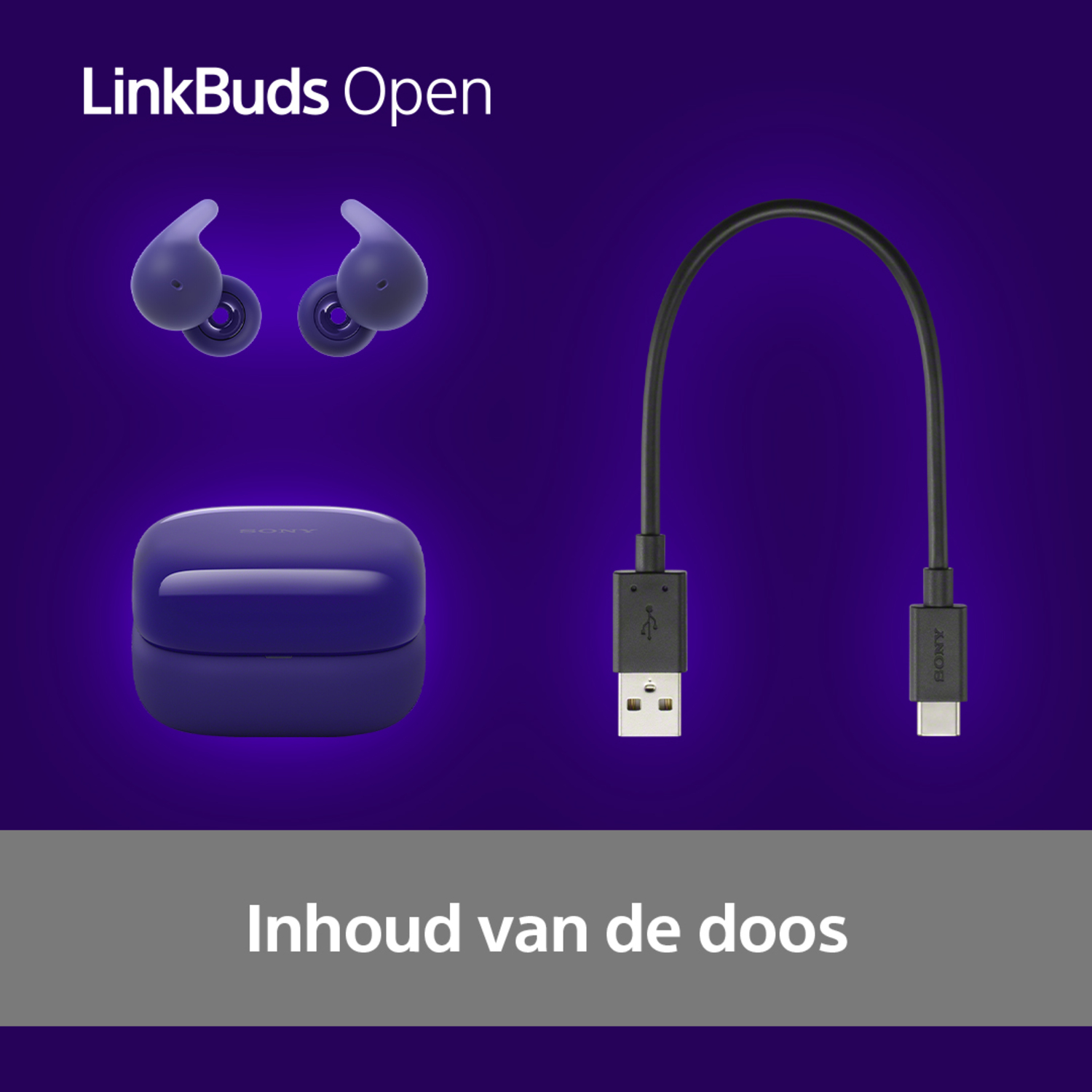 Sony LinkBuds Open earbuds, charging case, and a charging cable, set against purple.