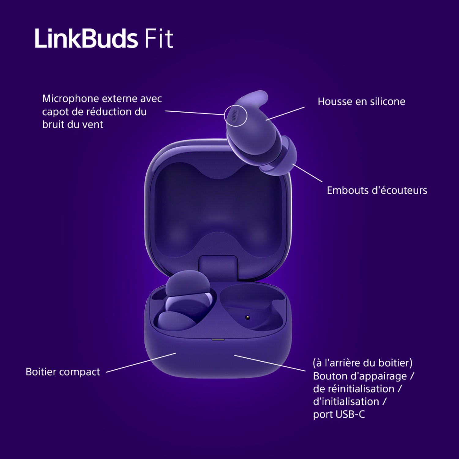 Écouteurs Sony LinkBuds Fit dans un étui de chargement. Couleur violette avec des étiquettes indiquant les pièces.