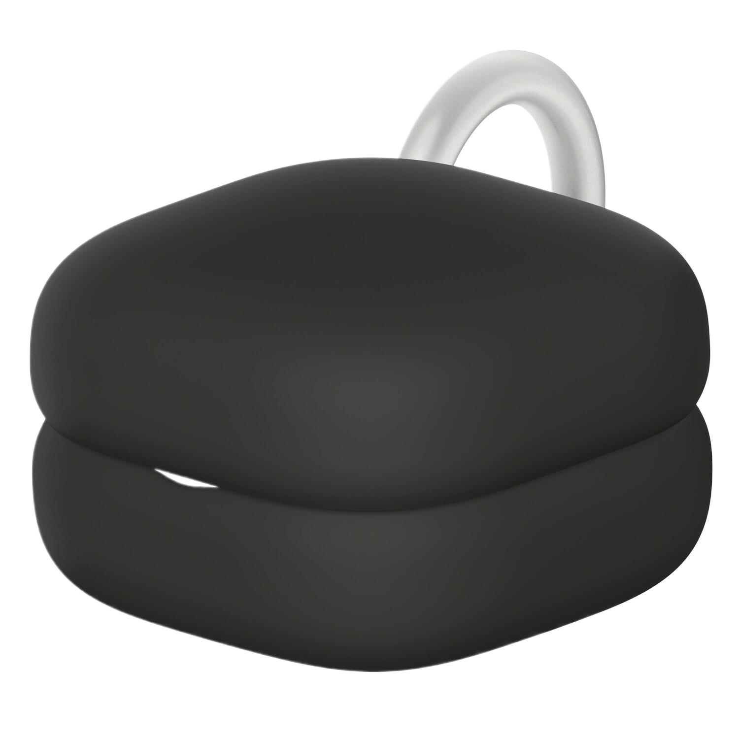 Een zwarte oordop met een zilveren lus, getoond tegen een transparante achtergrond.