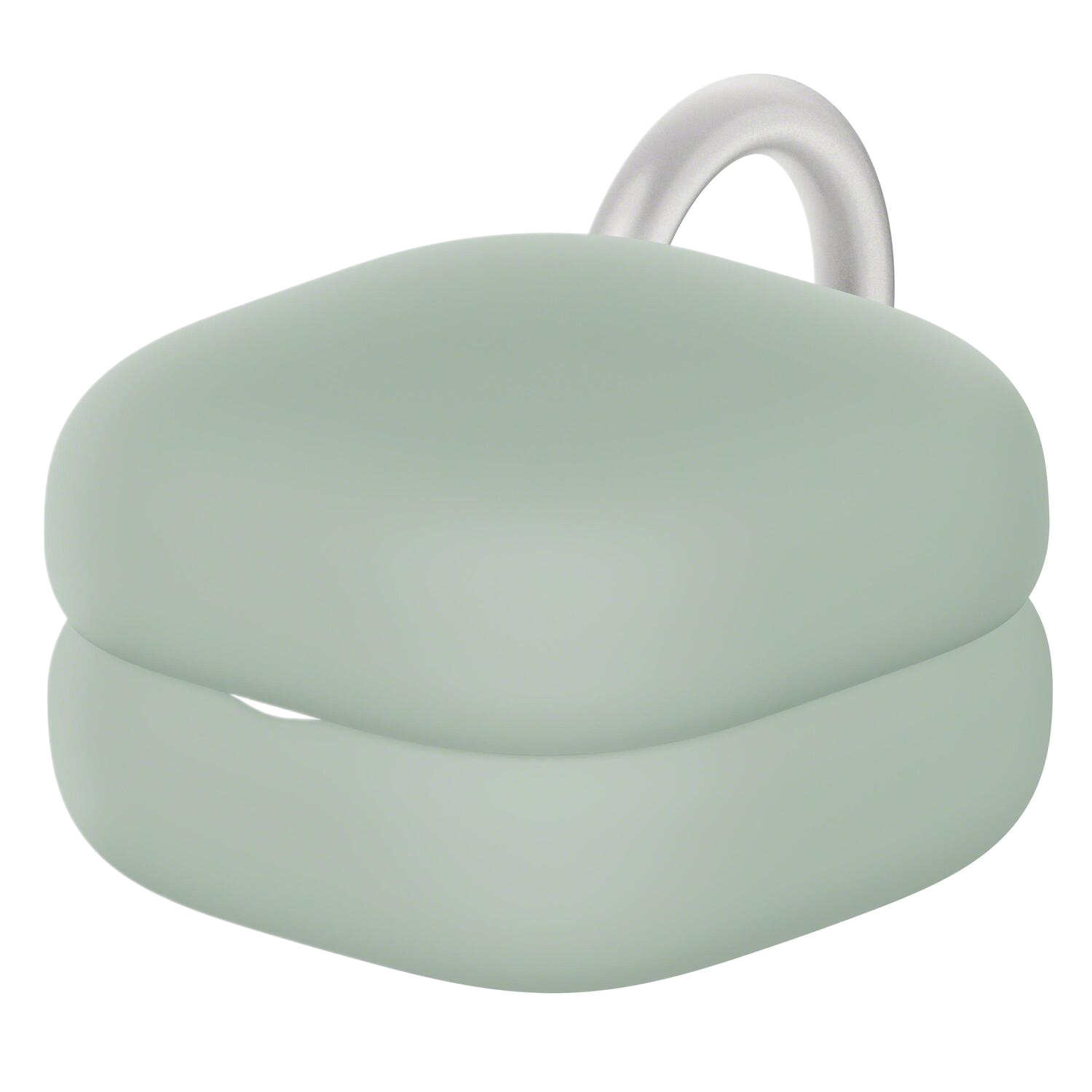 Een groen, boonvormig object met een zilveren lus erbovenop.