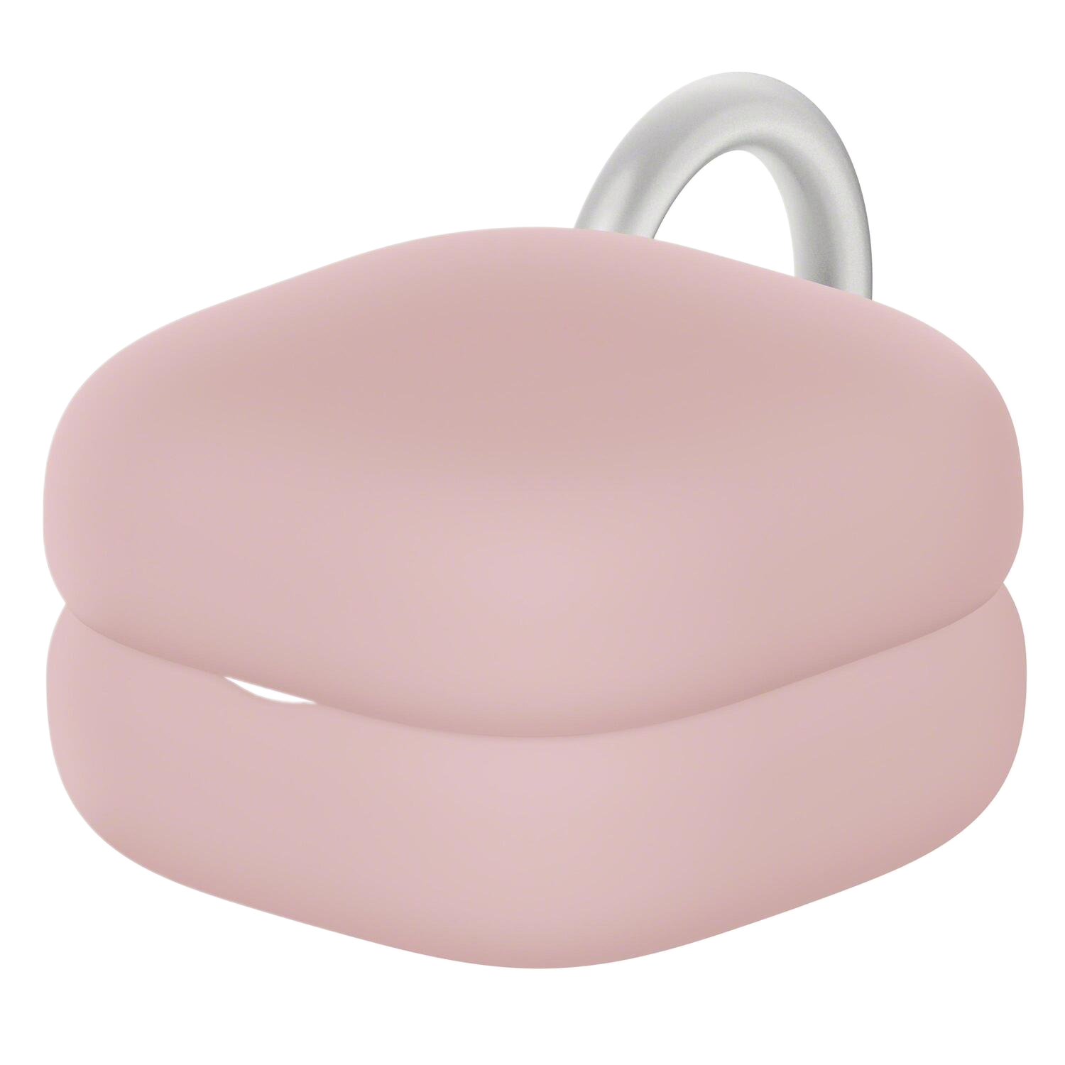 Roze macaron met een zilveren lus. De achtergrond is transparant.