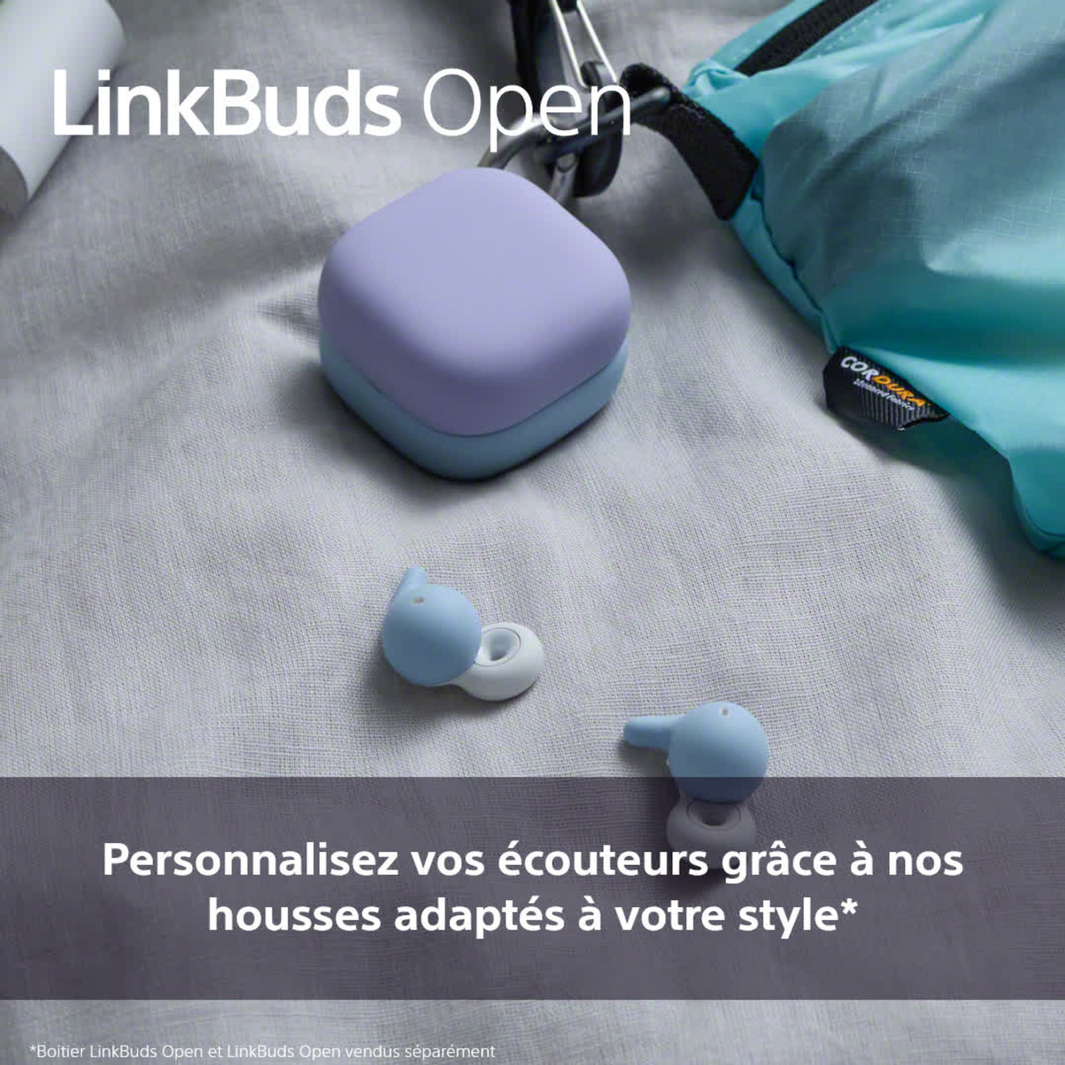 Un étui bleu clair, violet et des écouteurs. Le texte dit 'LinkBuds Open' et une phrase sur la personnalisation.