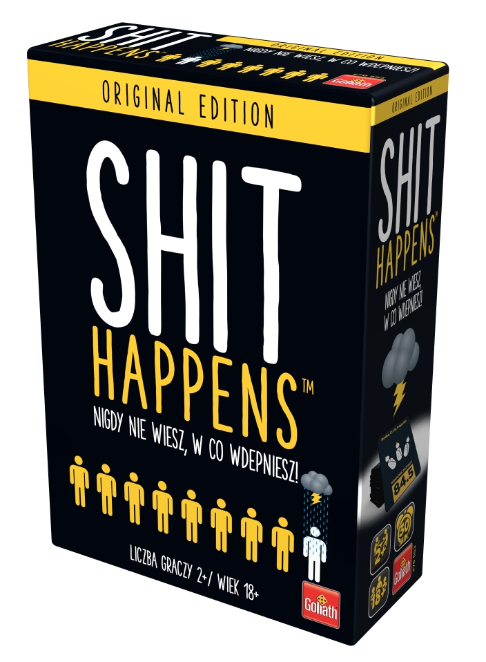 Czarne pudełko do gry z żółtym i białym tekstem: 'SHIT HAPPENS' i ilustracjami ludzików.