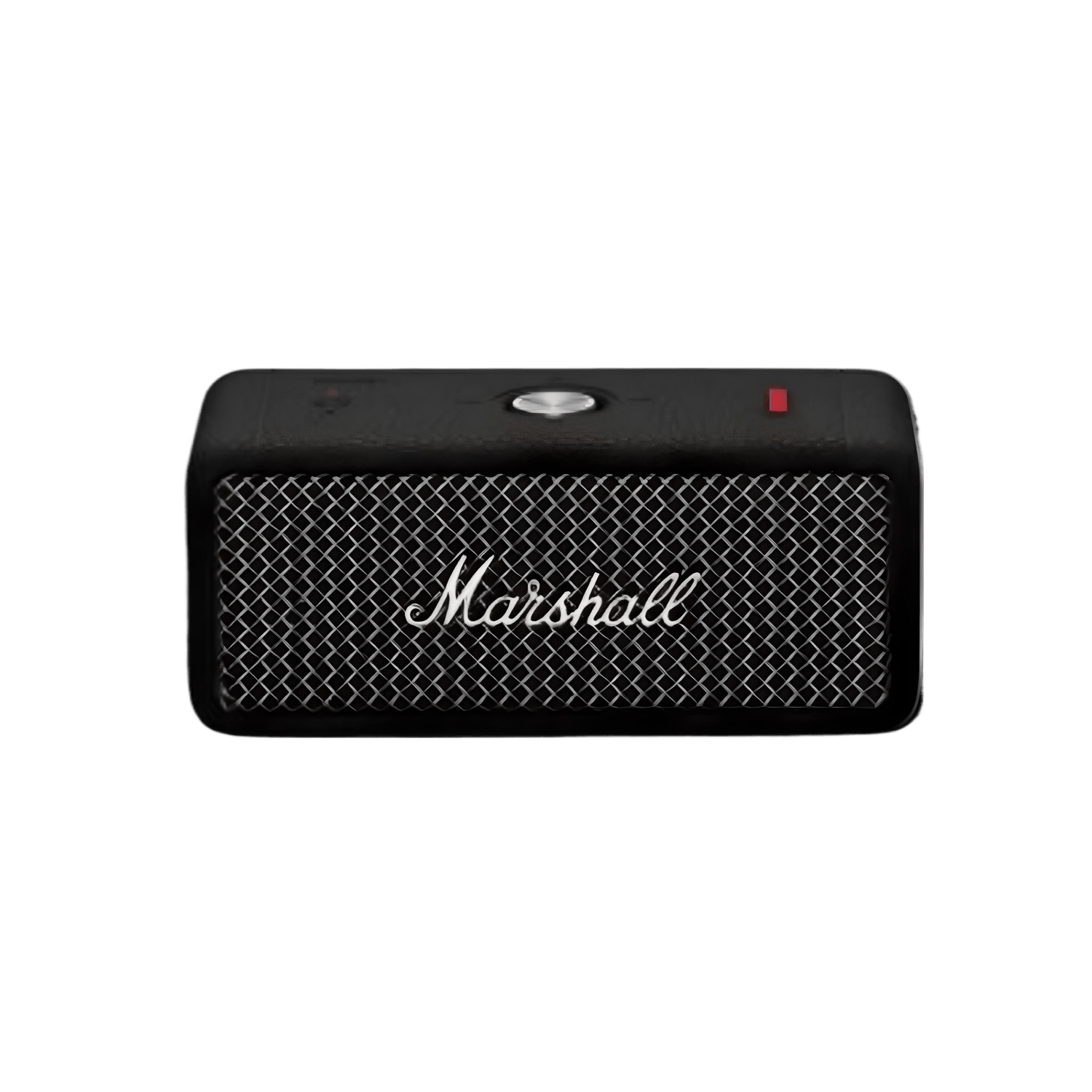 Schwarzer Marshall-Lautsprecher mit Gitterfront und silbernem Knopf oben.