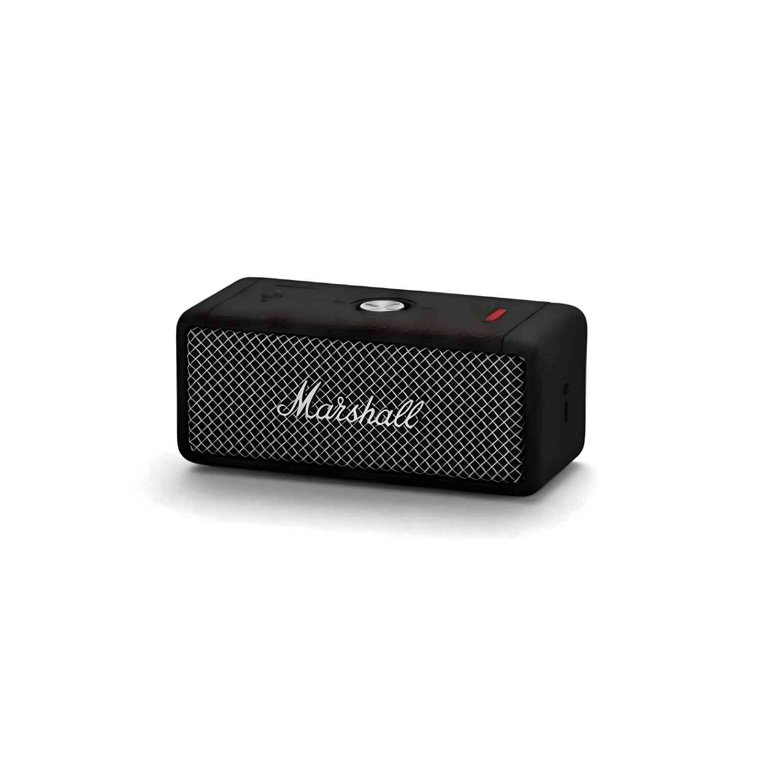 Zwarte Marshall speaker met mesh voorkant en zilveren knop.