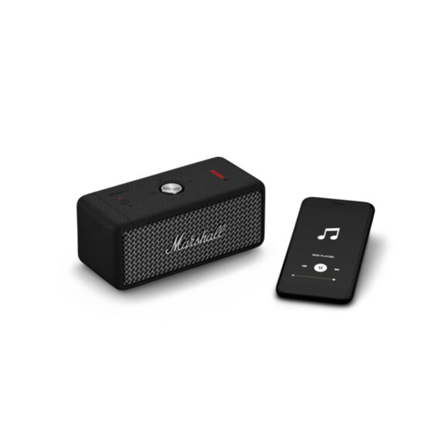 Zwarte Marshall-luidspreker en een telefoon die muziek afspeelt, witte achtergrond.
