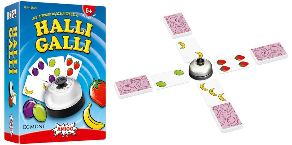 Gra Halli Galli. Pokazano pudełko i elementy gry. Gra zawiera dzwonek.