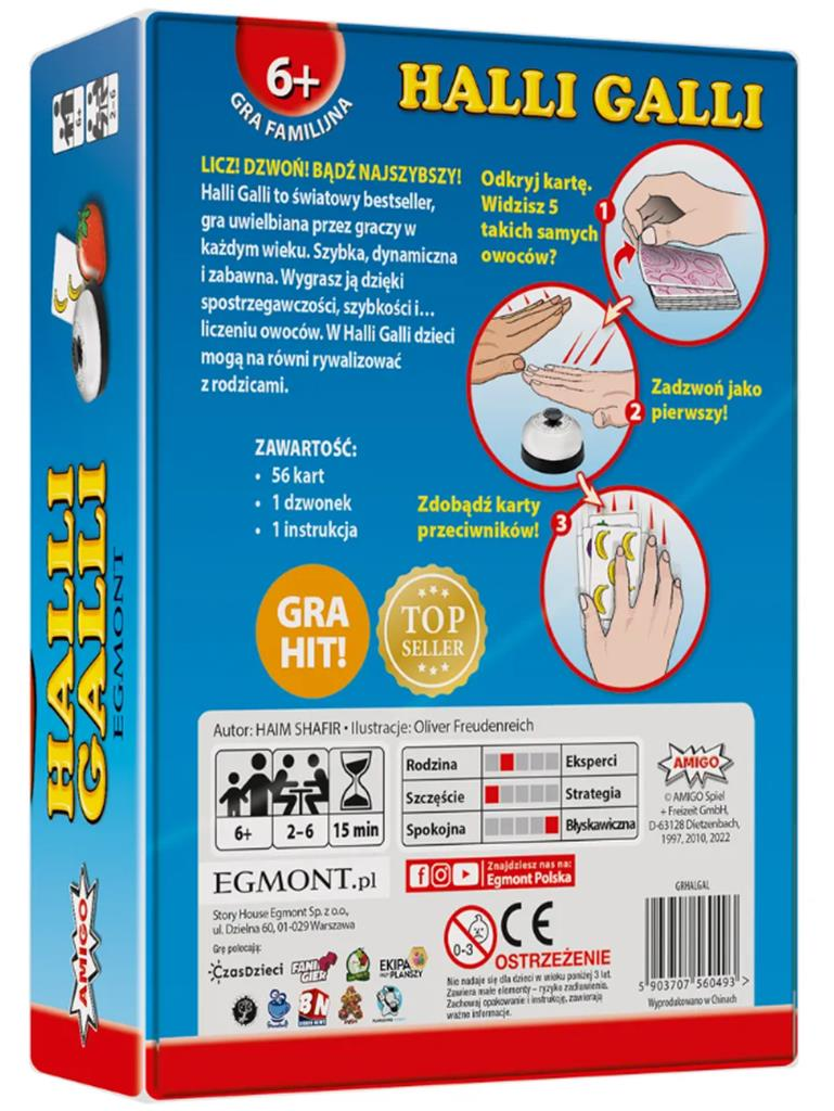 Tył pudełka gry rodzinnej Halli Galli z informacjami o grze.
