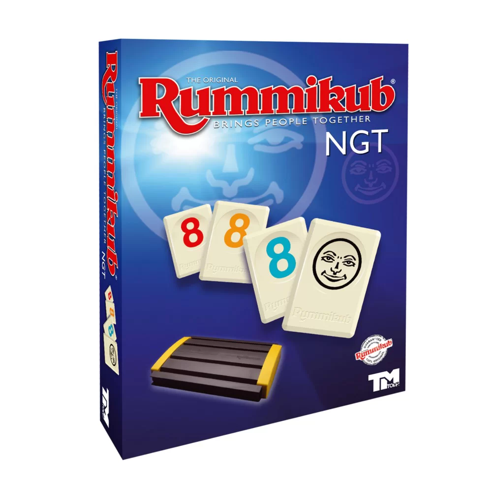 Pudełko do gry Rummikub z widocznymi kafelkami. Zawiera tytuł gry i niebieskie tło.