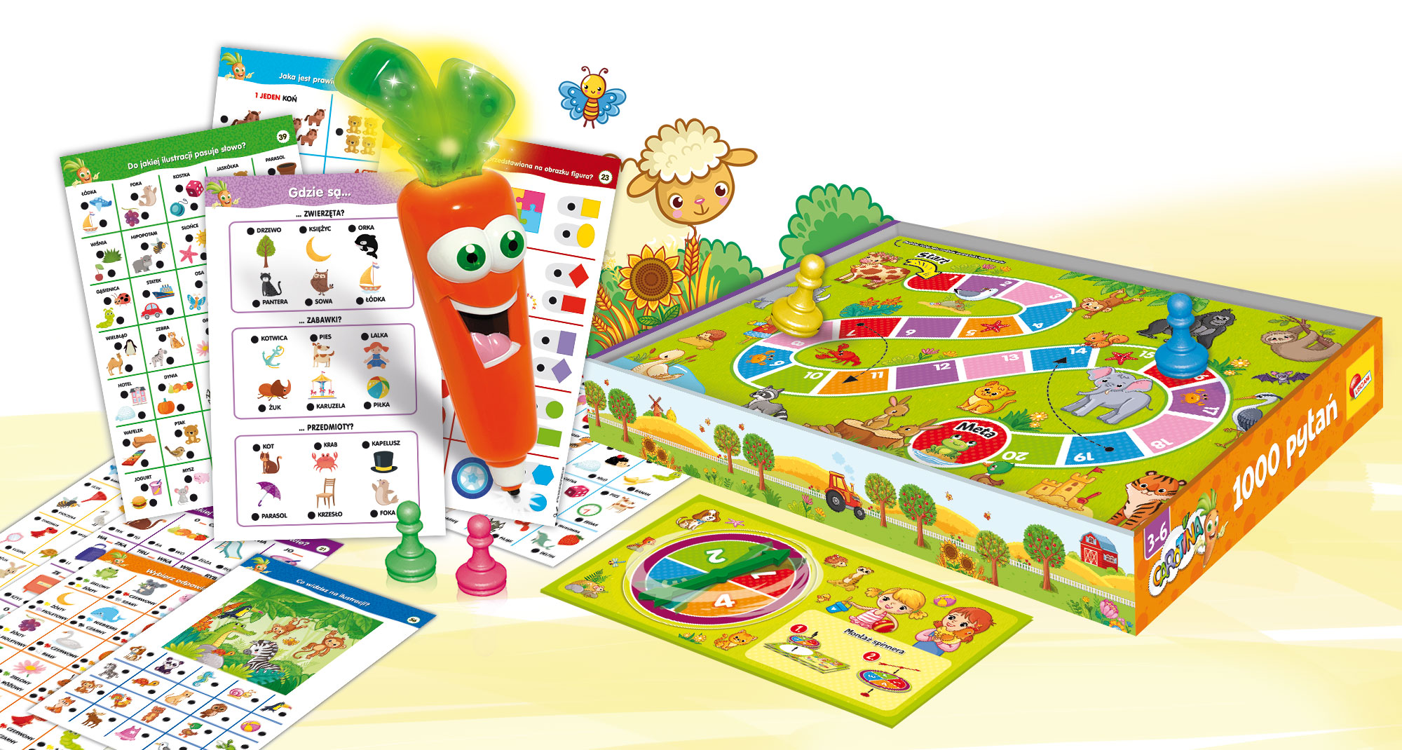 Kolorowa gra dla dzieci z pisakiem w kształcie marchewki i elementami gry. Tło jest żółte.