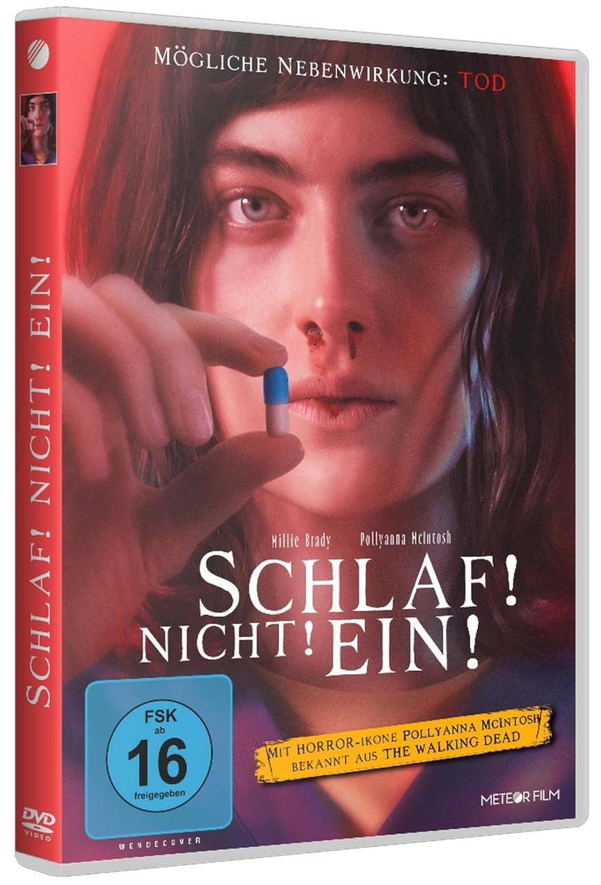 DVD-Cover eines Films mit einer Frau, die eine Pille hält. Text auf Deutsch: 'Schlaf! Nicht! Ein!'